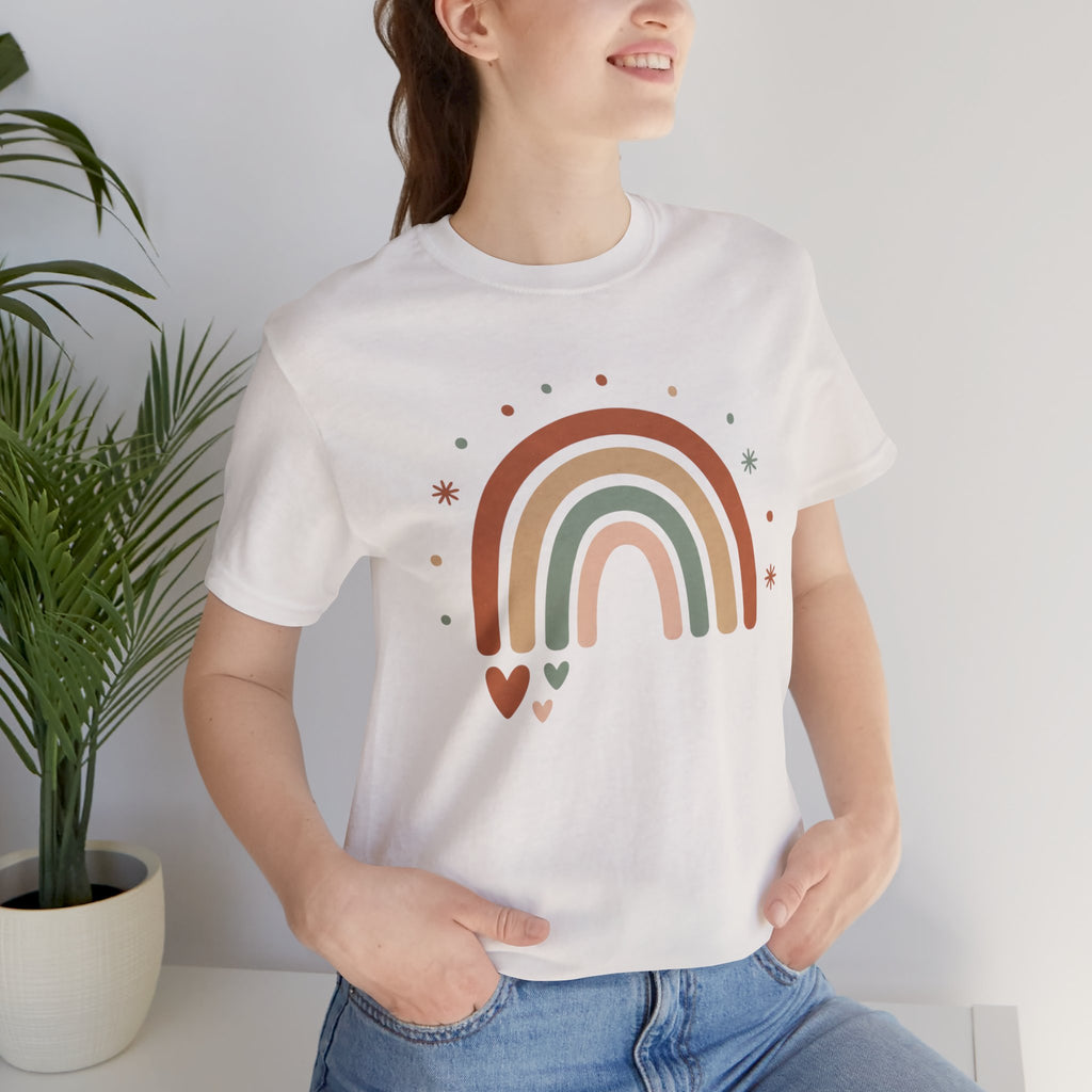 Retro Earth Tone Rainbow Tee — Cute Heart & Stars Graphic T-Shirt