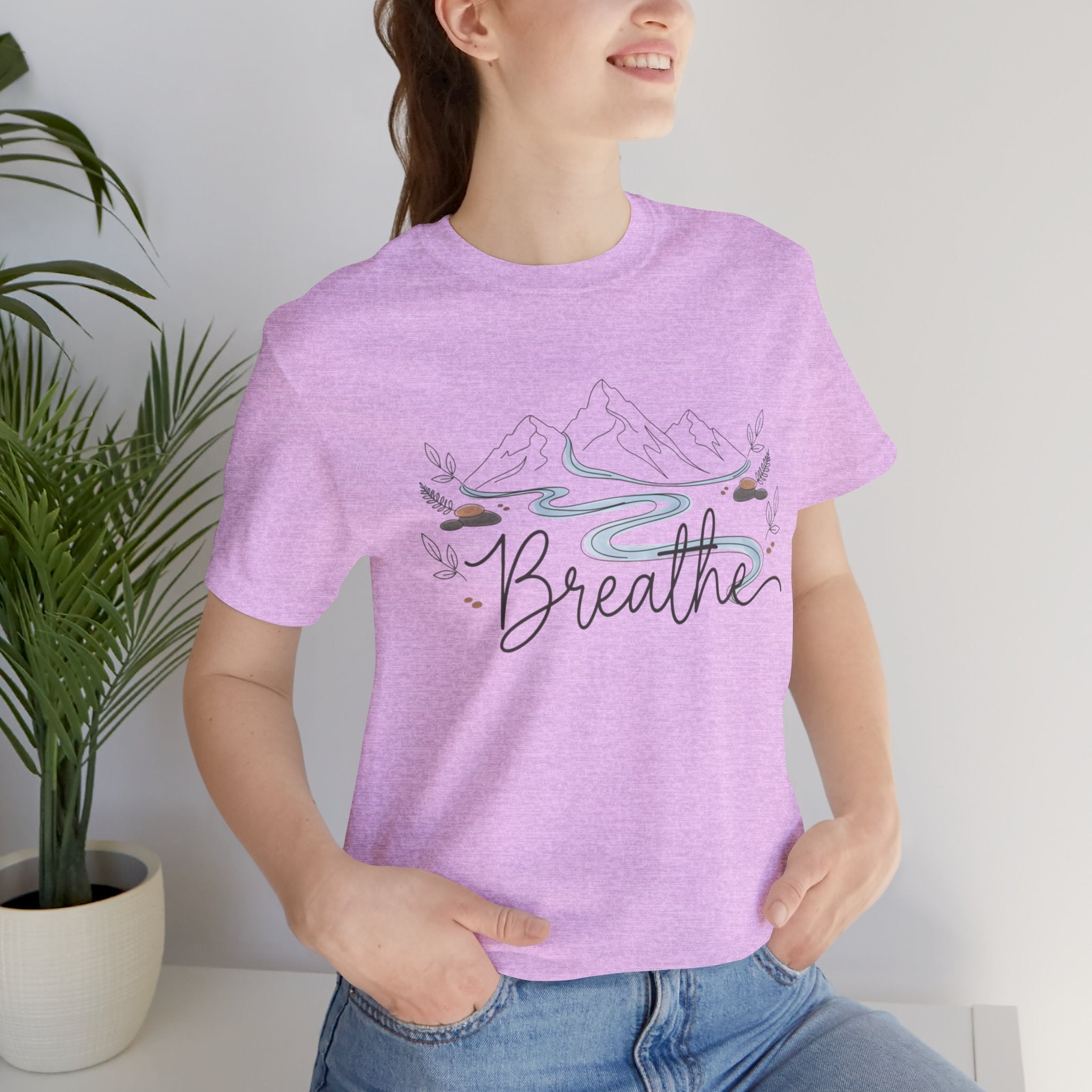 Breathe script tee | Minimal forest motif, moon phase nature vibes