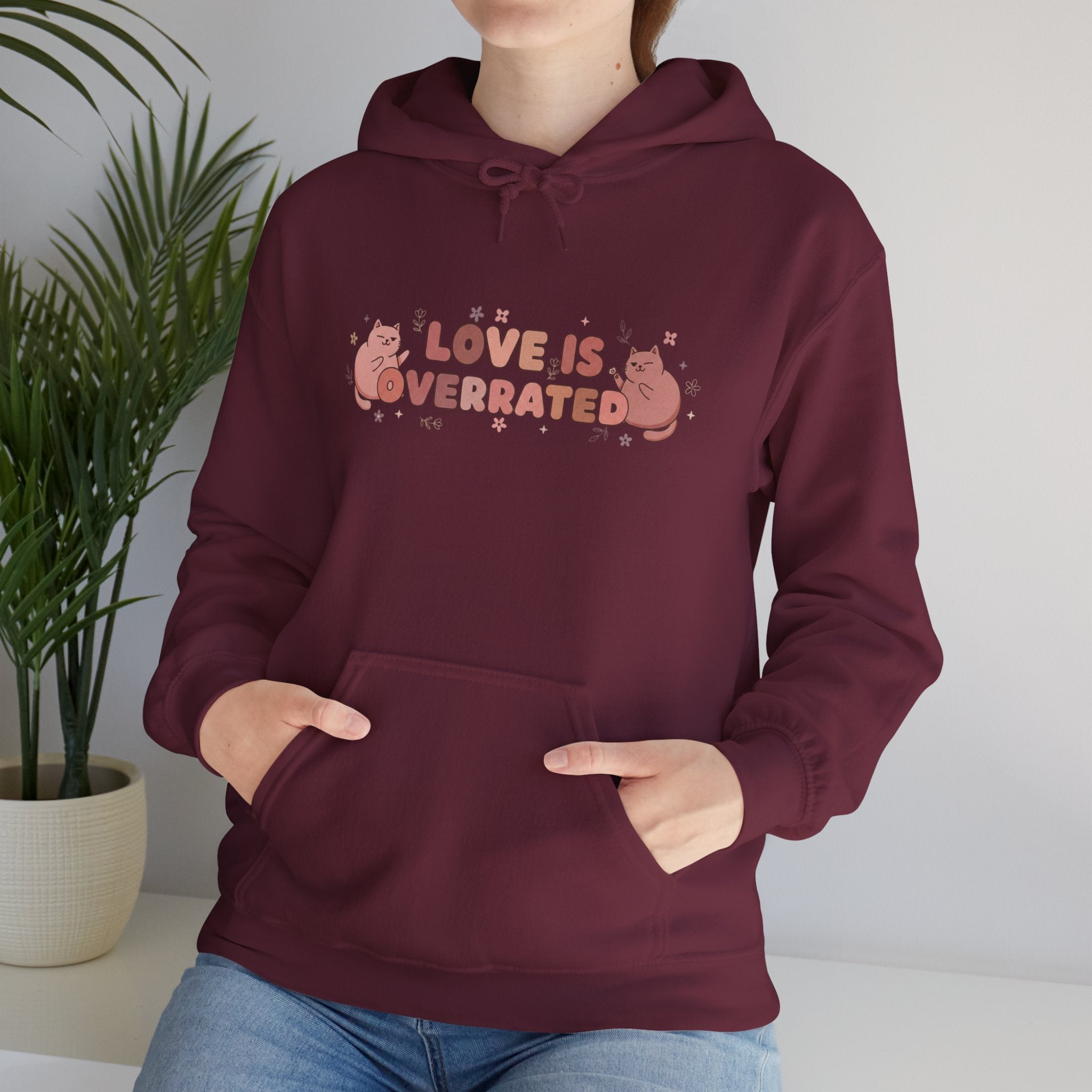 'Love Is Overrated' Cute Grumpy Cat Graphic Hoodie