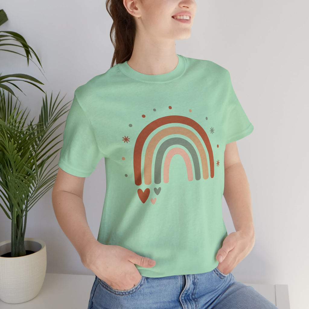 Retro Earth Tone Rainbow Tee — Cute Heart & Stars Graphic T-Shirt