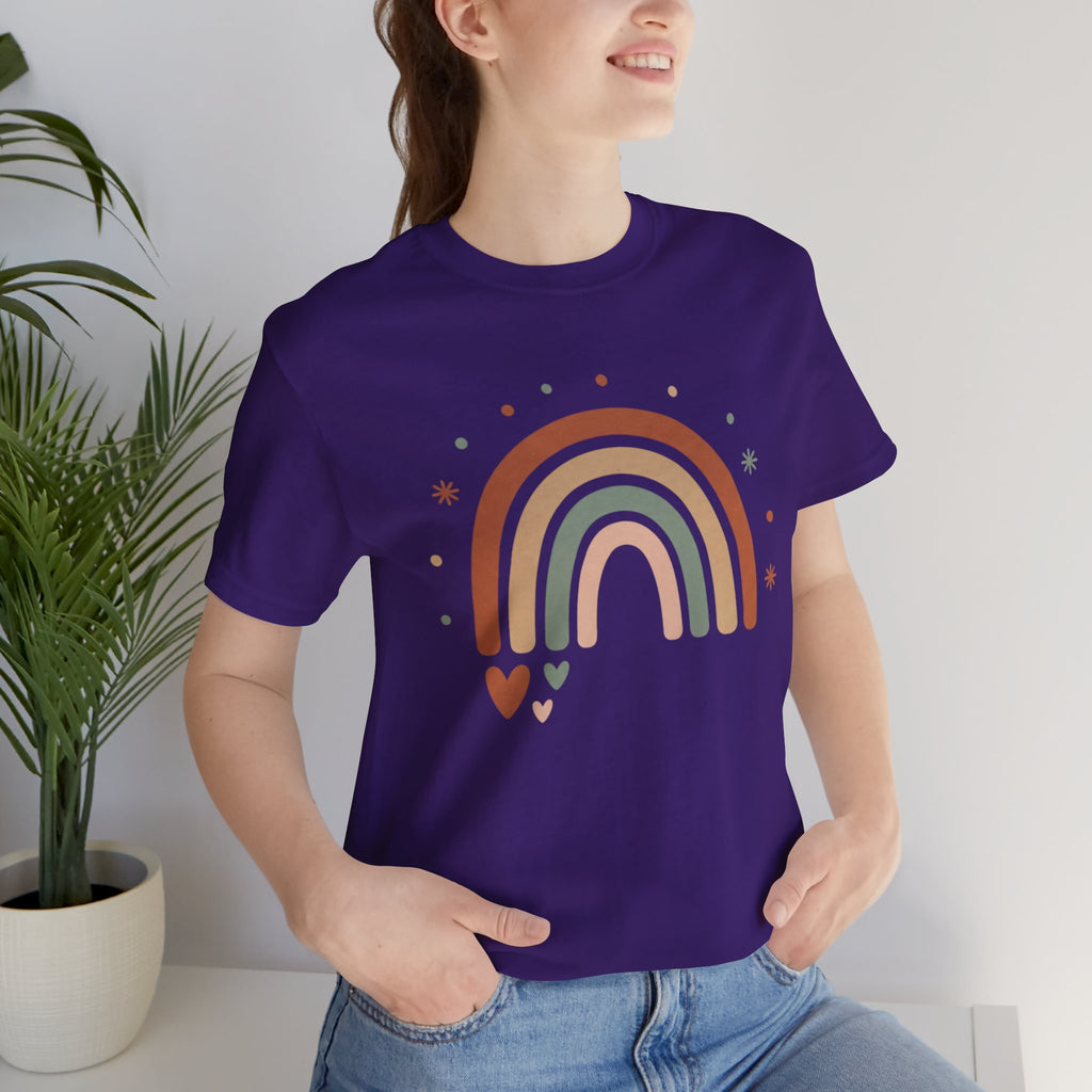 Retro Earth Tone Rainbow Tee — Cute Heart & Stars Graphic T-Shirt