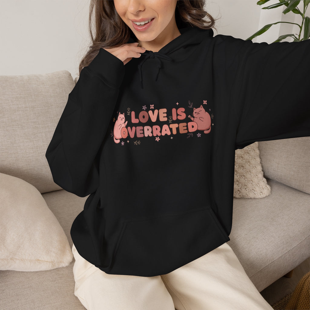 “Love Is Overrated” Cute Cat Graphic Hoodie