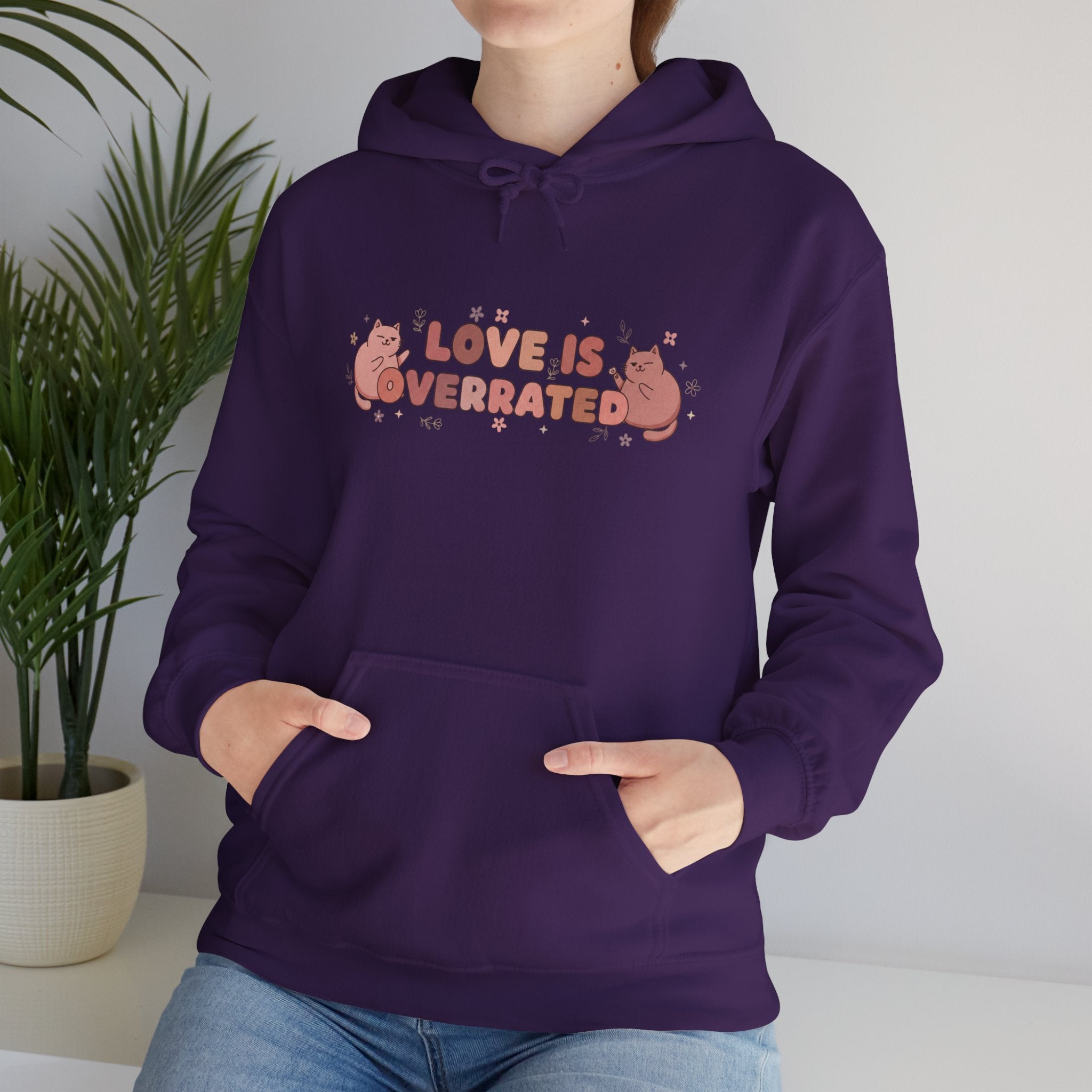 'Love Is Overrated' Cute Grumpy Cat Graphic Hoodie
