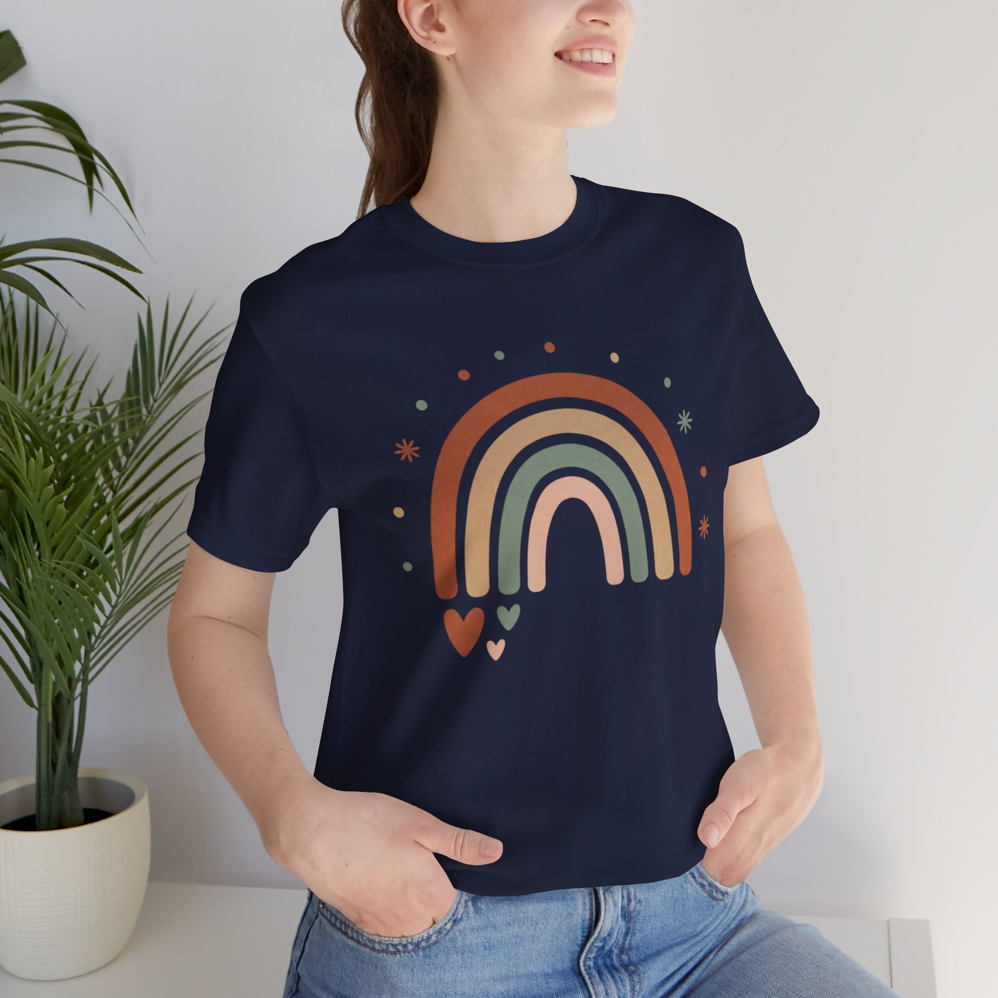 Retro Earth Tone Rainbow Tee — Cute Heart & Stars Graphic T-Shirt