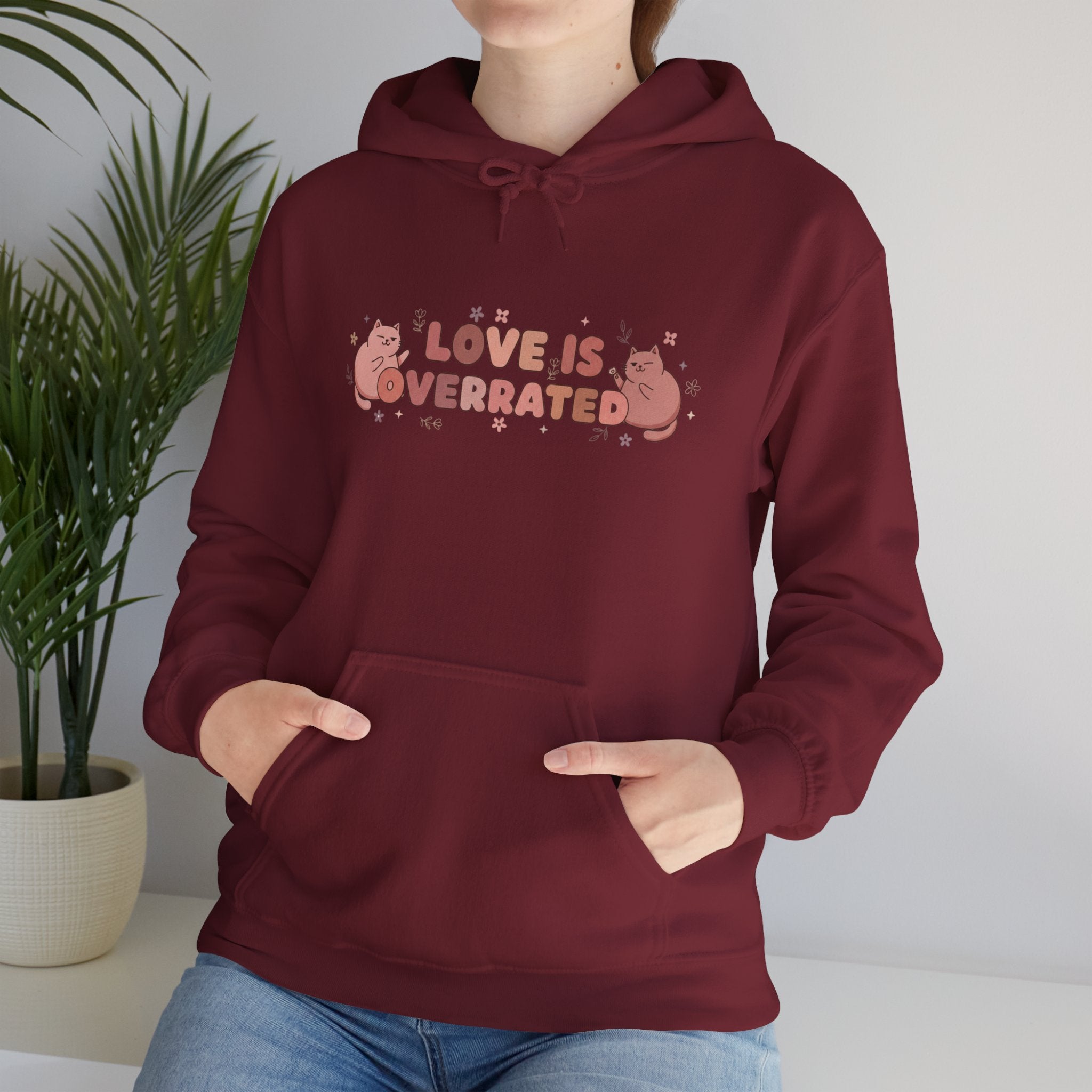 'Love Is Overrated' Cute Grumpy Cat Graphic Hoodie