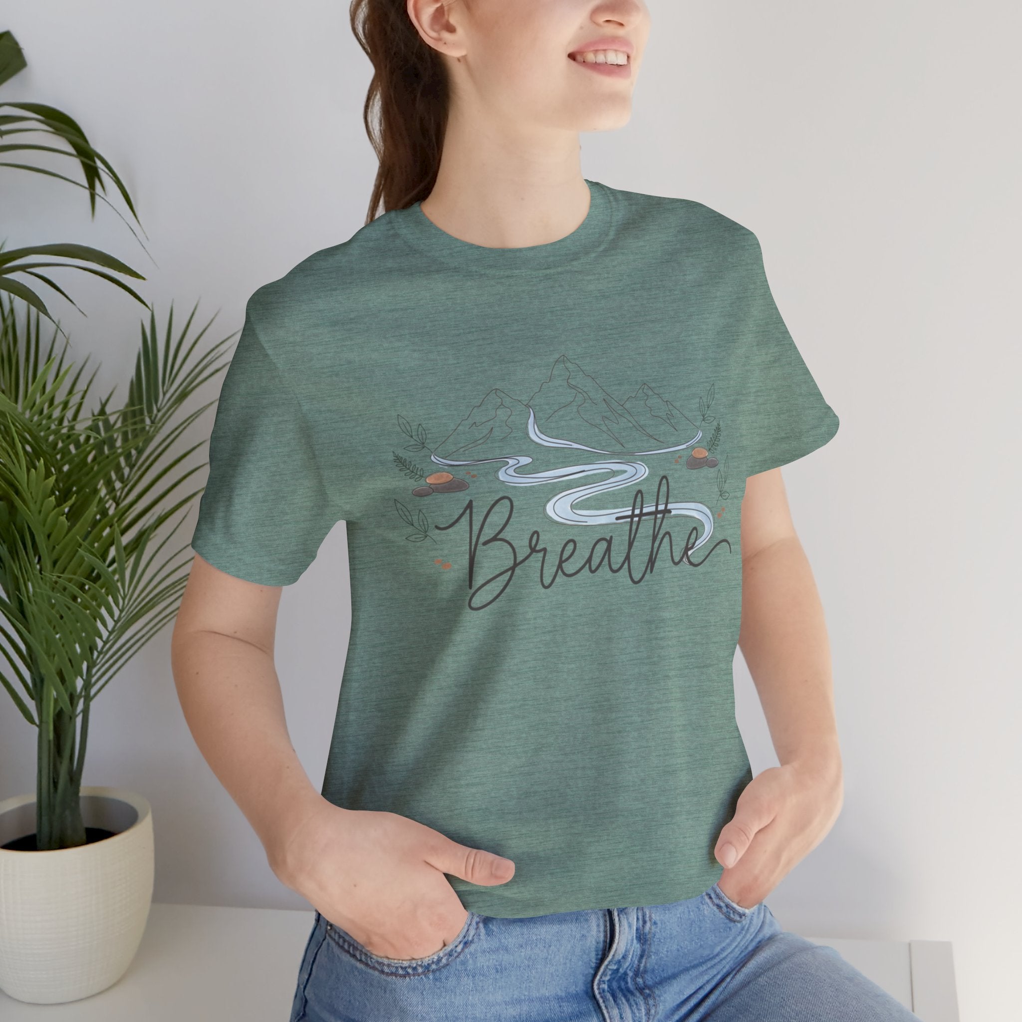Breathe script tee | Minimal forest motif, moon phase nature vibes