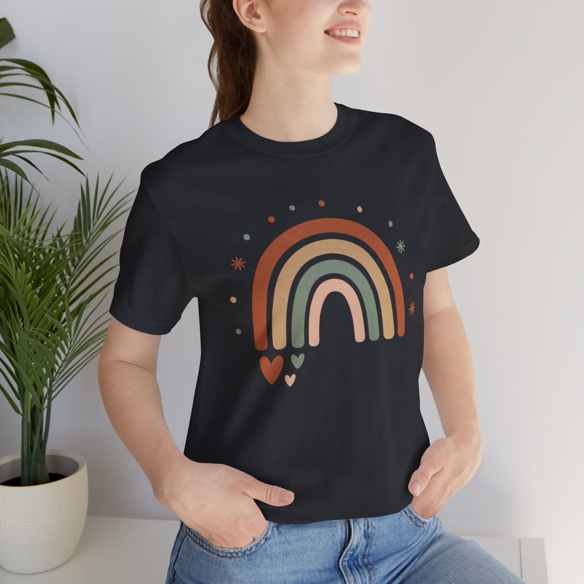 Retro Earth Tone Rainbow Tee — Cute Heart & Stars Graphic T-Shirt