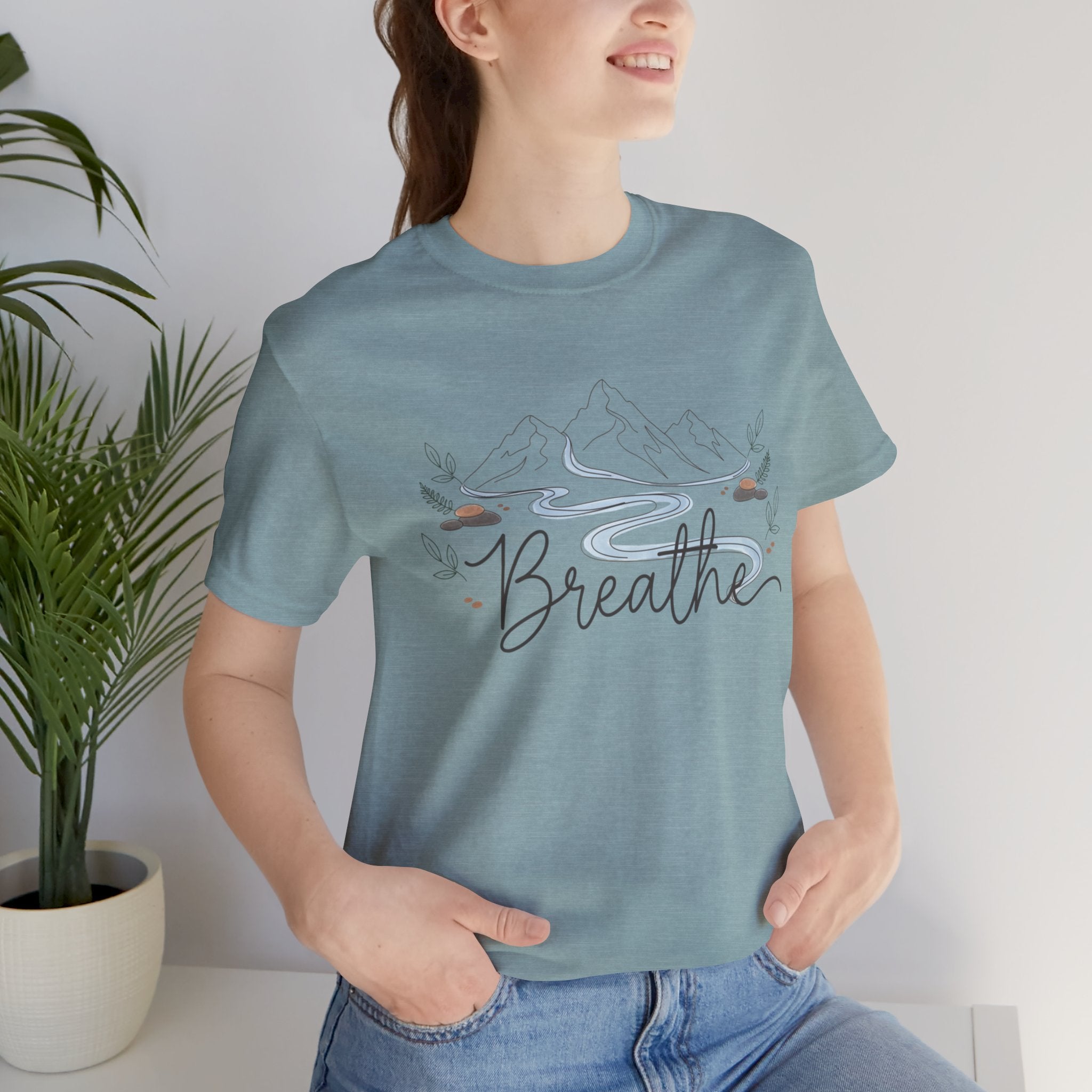 Breathe script tee | Minimal forest motif, moon phase nature vibes