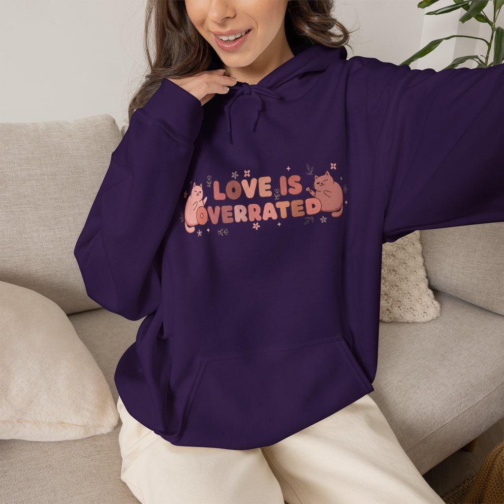 “Love Is Overrated” Cute Cat Graphic Hoodie