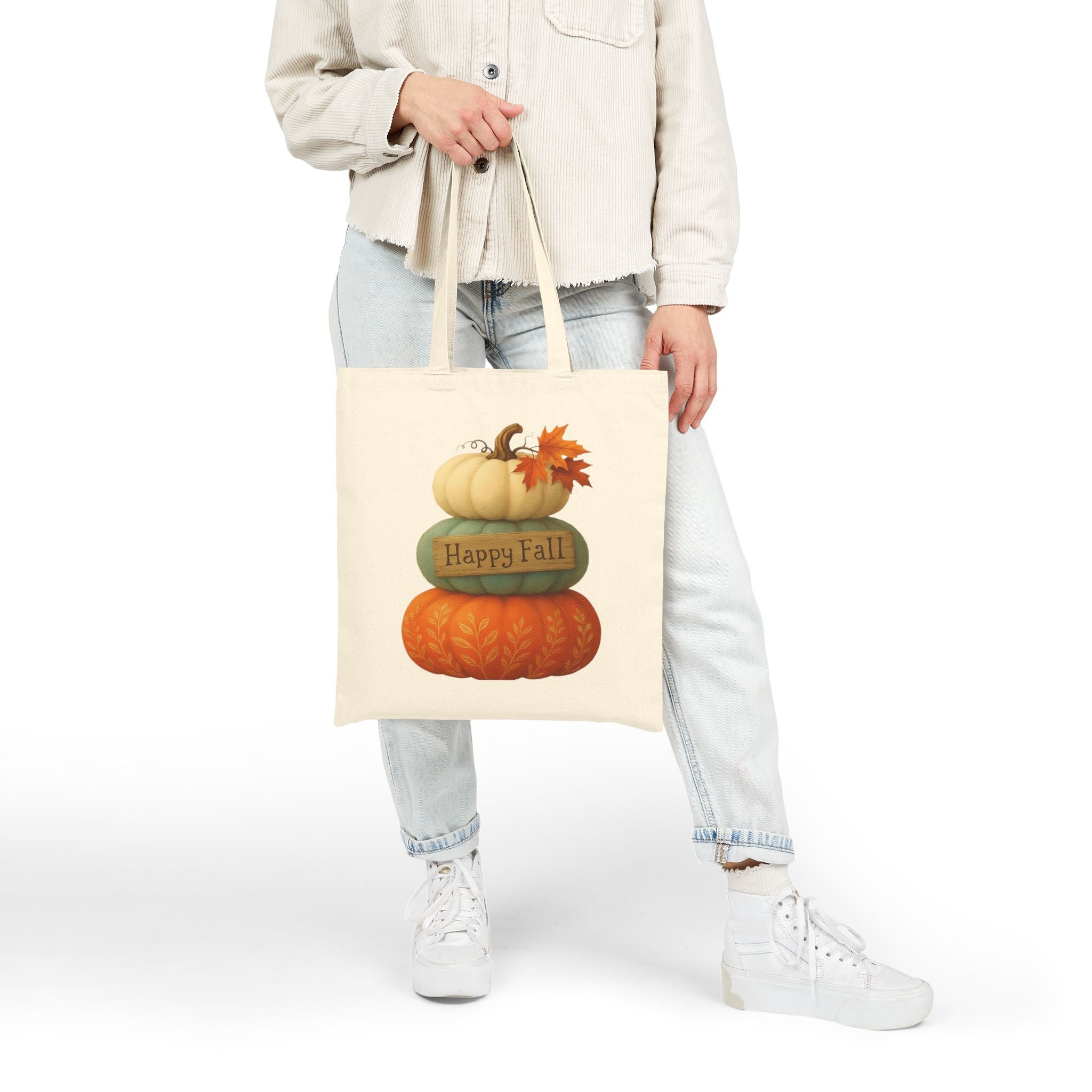 Stacked Pumpkins 'Happy Fall' Autumn Canvas Tote