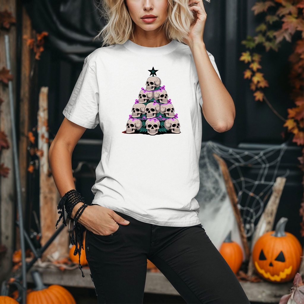Skull Christmas Tree T-Shirt, Halloween Shirt, Spooky Tee, Holiday Apparel, Gothic Clothing, Festive Top