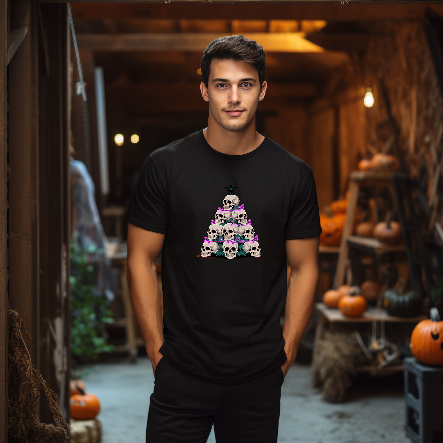 Skull Christmas Tree T-Shirt, Halloween Shirt, Spooky Tee, Holiday Apparel, Gothic Clothing, Festive Top