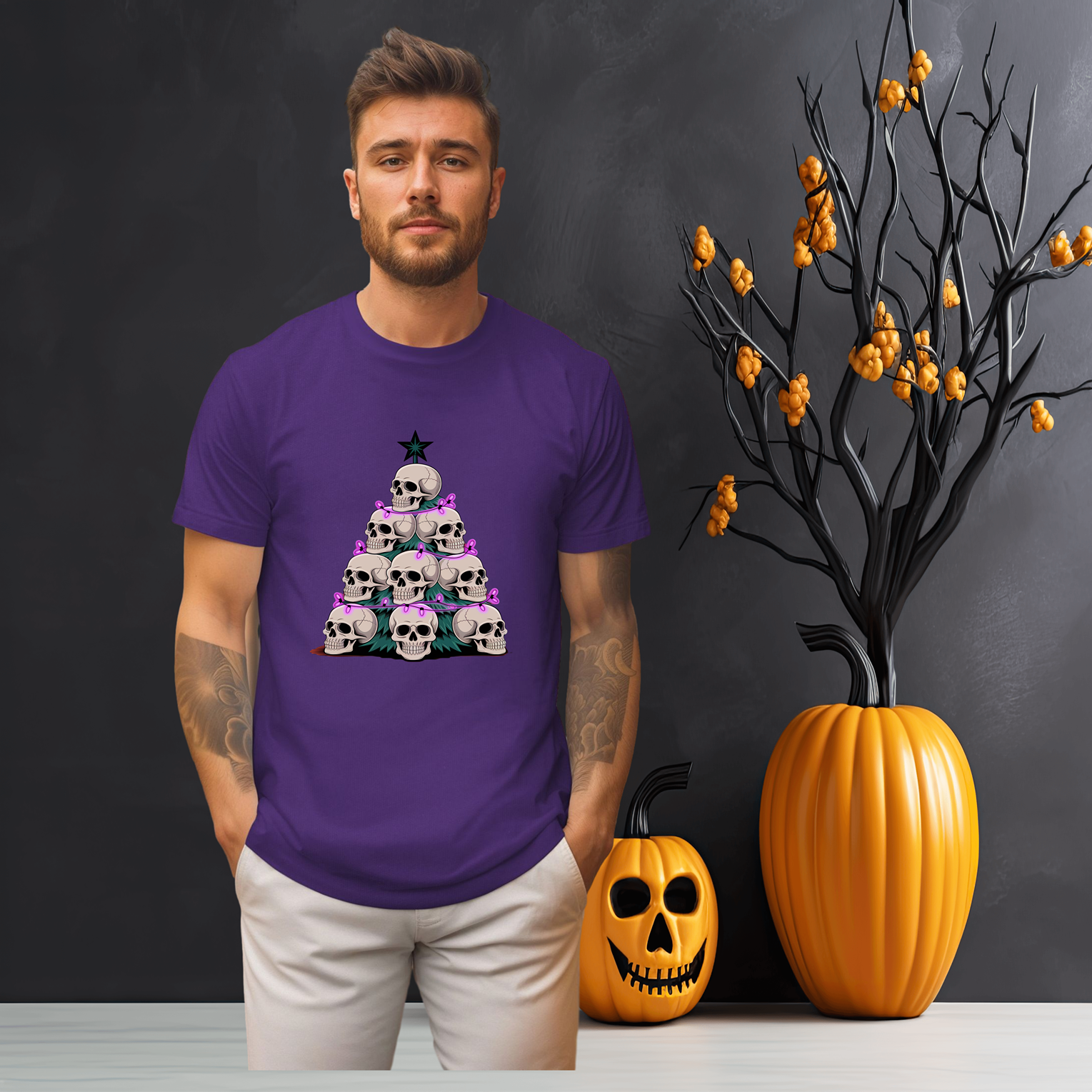 Skull Christmas Tree T-Shirt, Halloween Shirt, Spooky Tee, Holiday Apparel, Gothic Clothing, Festive Top