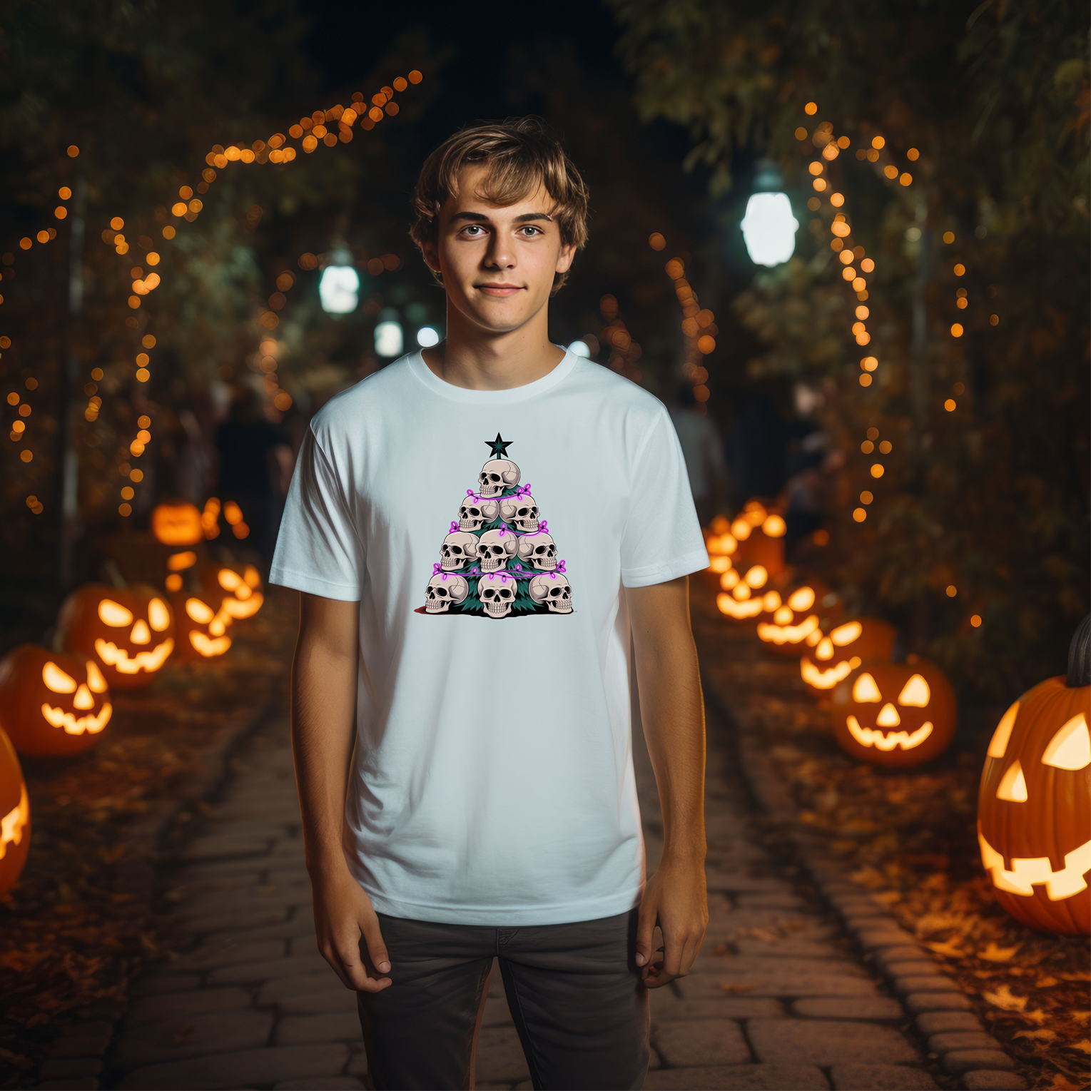 Skull Christmas Tree T-Shirt, Halloween Shirt, Spooky Tee, Holiday Apparel, Gothic Clothing, Festive Top