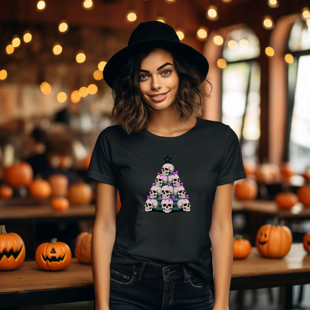Skull Christmas Tree T-Shirt, Halloween Shirt, Spooky Tee, Holiday Apparel, Gothic Clothing, Festive Top