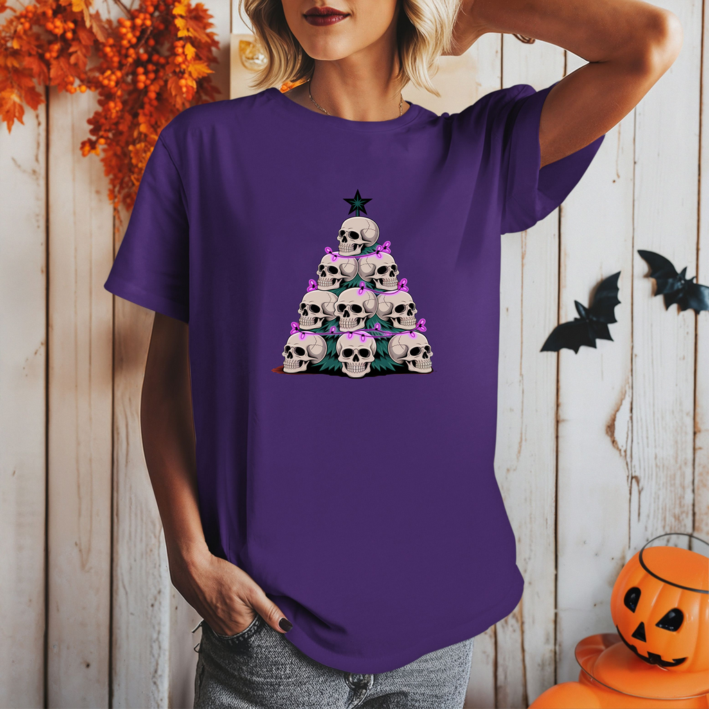 Skull Christmas Tree T-Shirt, Halloween Shirt, Spooky Tee, Holiday Apparel, Gothic Clothing, Festive Top