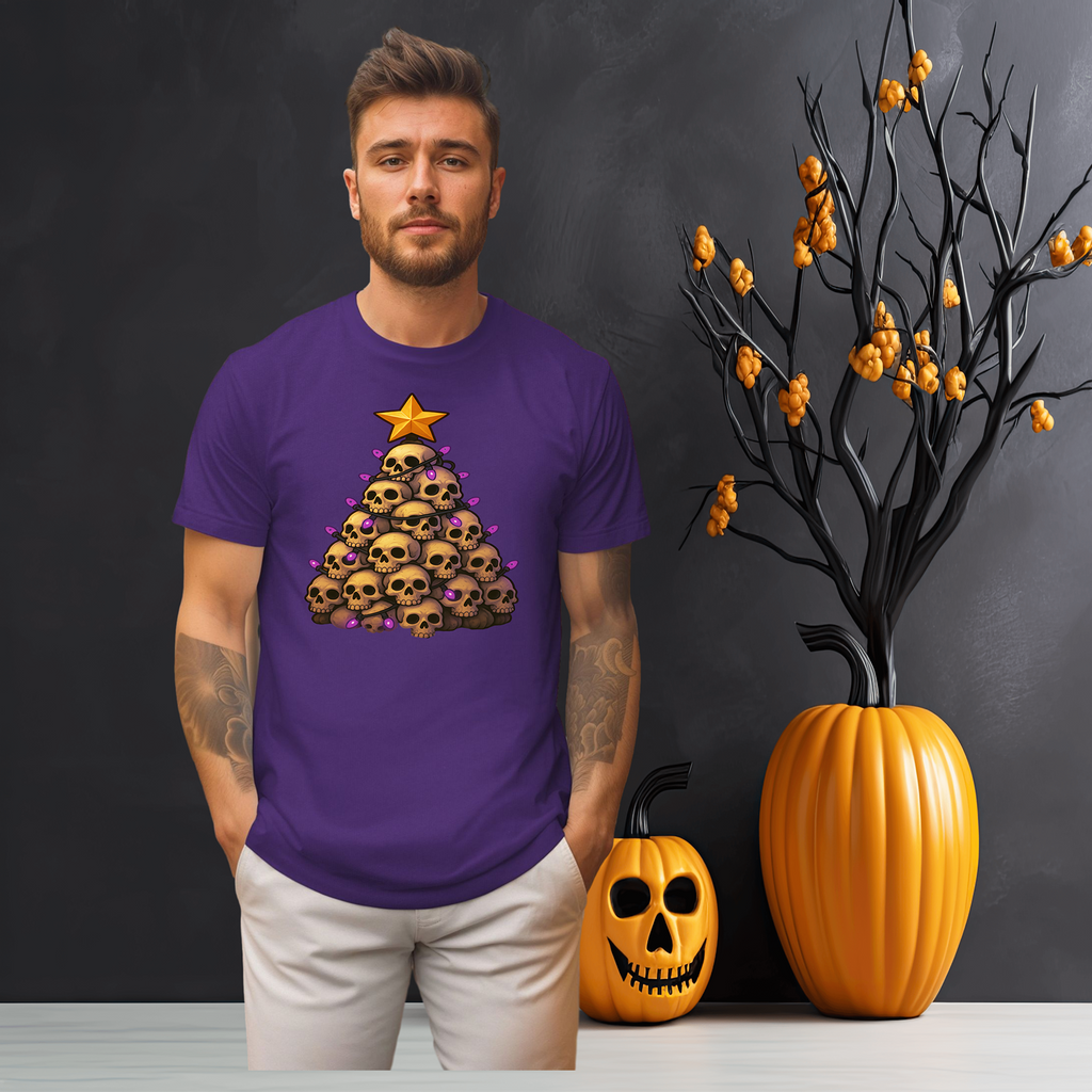 Skull Christmas Tree Unisex Tee, Halloween T-Shirt, Festive Cotton Shirt, Holiday Graphic Top, Gothic Xmas Apparel