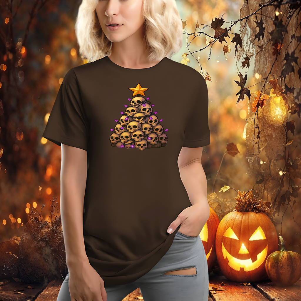 Skull Christmas Tree Unisex Tee, Halloween T-Shirt, Festive Cotton Shirt, Holiday Graphic Top, Gothic Xmas Apparel