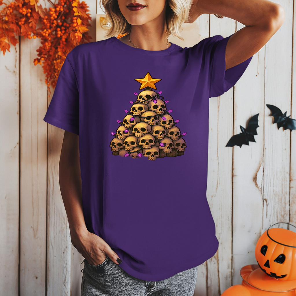 Skull Christmas Tree Unisex Tee, Halloween T-Shirt, Festive Cotton Shirt, Holiday Graphic Top, Gothic Xmas Apparel