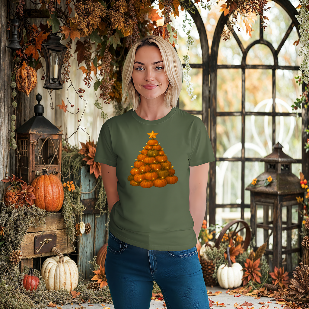 Christmas Pumpkin Tree Shirt, Holiday Fall Festive Tee, Xmas Winter Thanksgiving Tshirt, Halloween Seasonal Top, Autumn Festivity Apparel