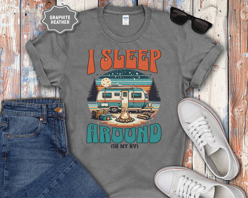 Retro Camper RV I Sleep Around In My RV T-Shirt | Vintage Travel Camper Graphic