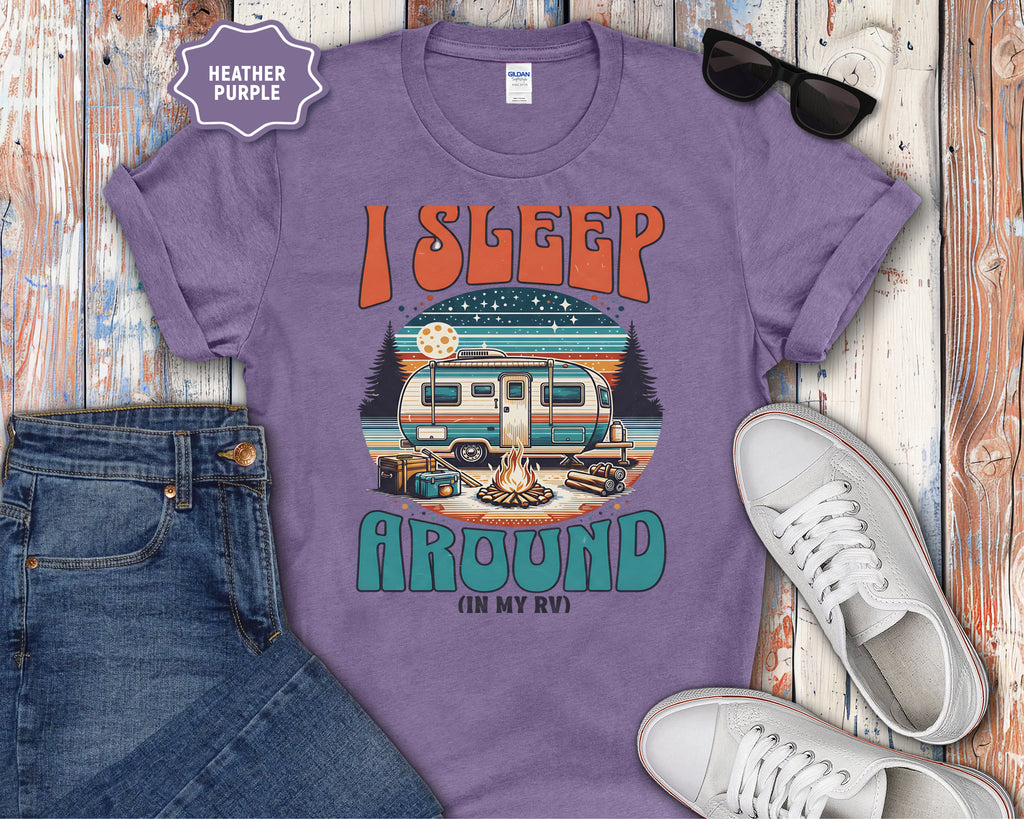 Retro Camper RV I Sleep Around In My RV T-Shirt | Vintage Travel Camper Graphic