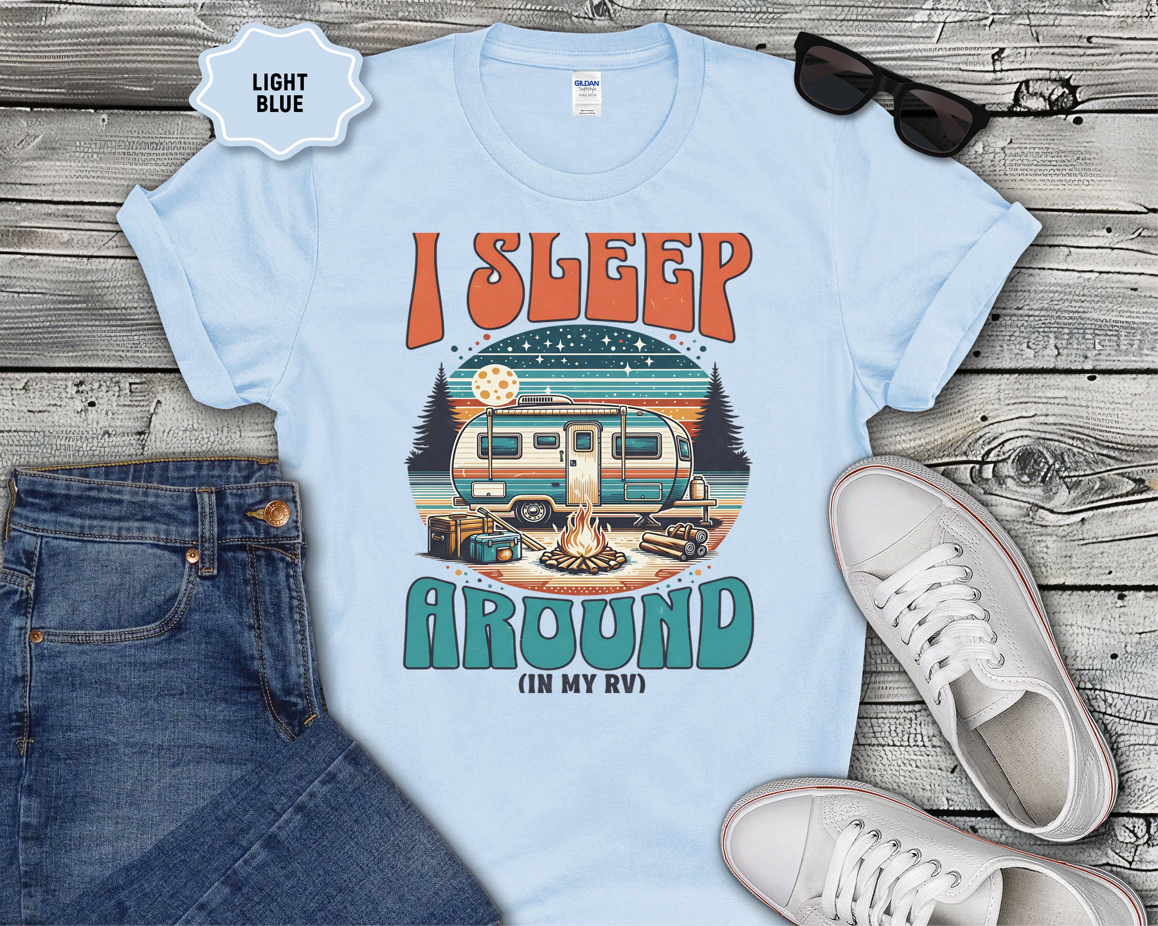 Retro Camper RV I Sleep Around In My RV T-Shirt | Vintage Travel Camper Graphic