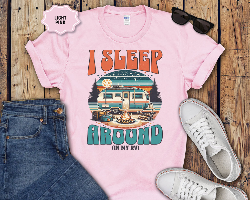 Retro Camper RV I Sleep Around In My RV T-Shirt | Vintage Travel Camper Graphic