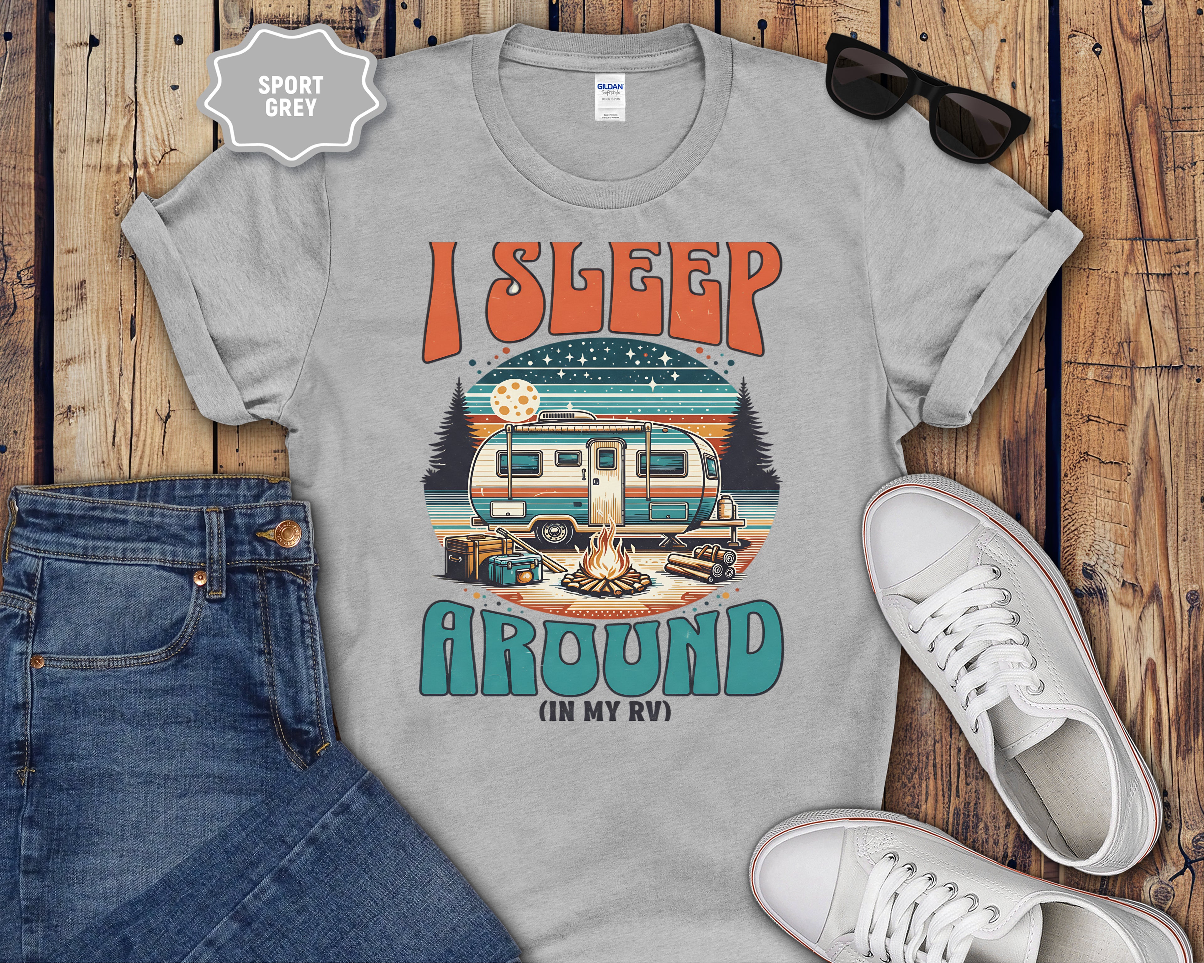 Retro Camper RV I Sleep Around In My RV T-Shirt | Vintage Travel Camper Graphic