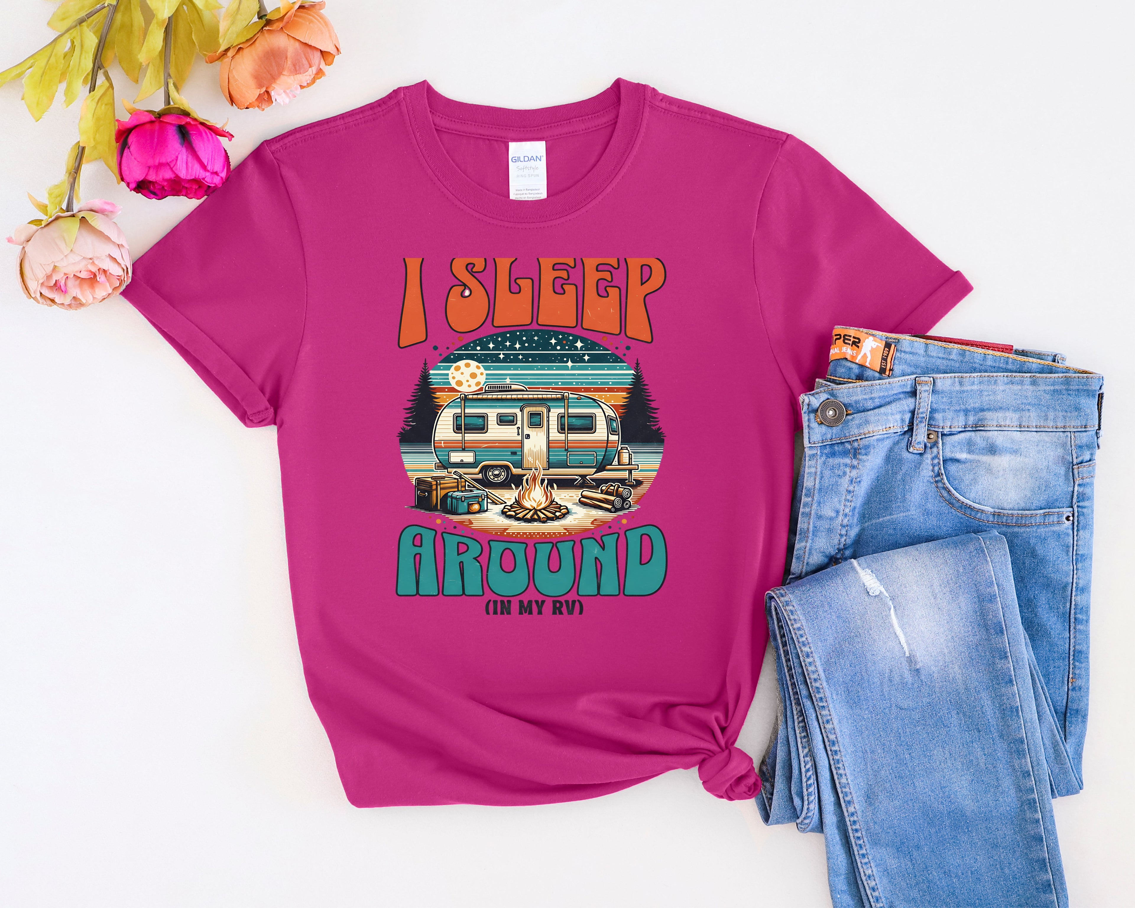 Retro Camper RV I Sleep Around In My RV T-Shirt | Vintage Travel Camper Graphic