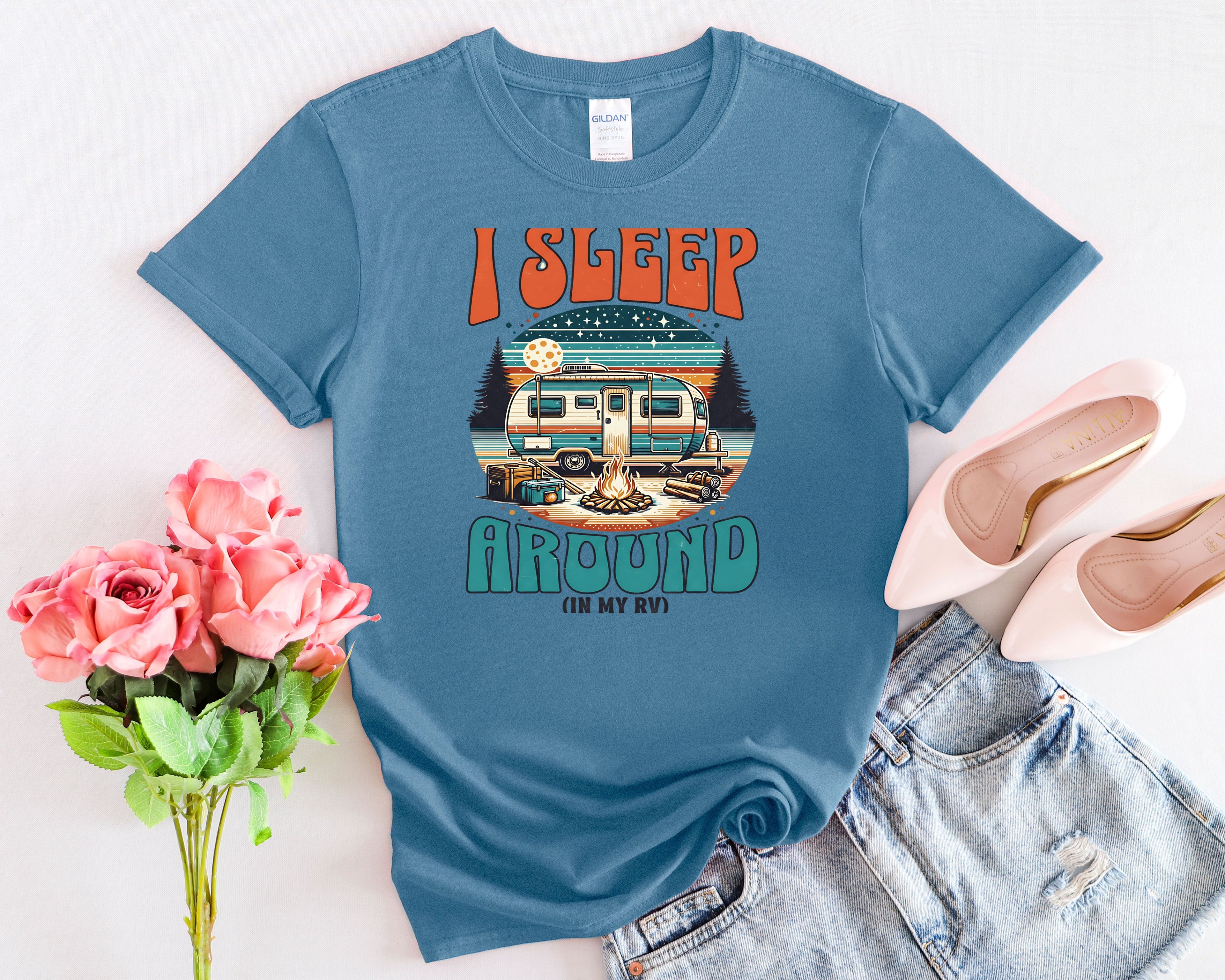 Retro Camper RV I Sleep Around In My RV T-Shirt | Vintage Travel Camper Graphic