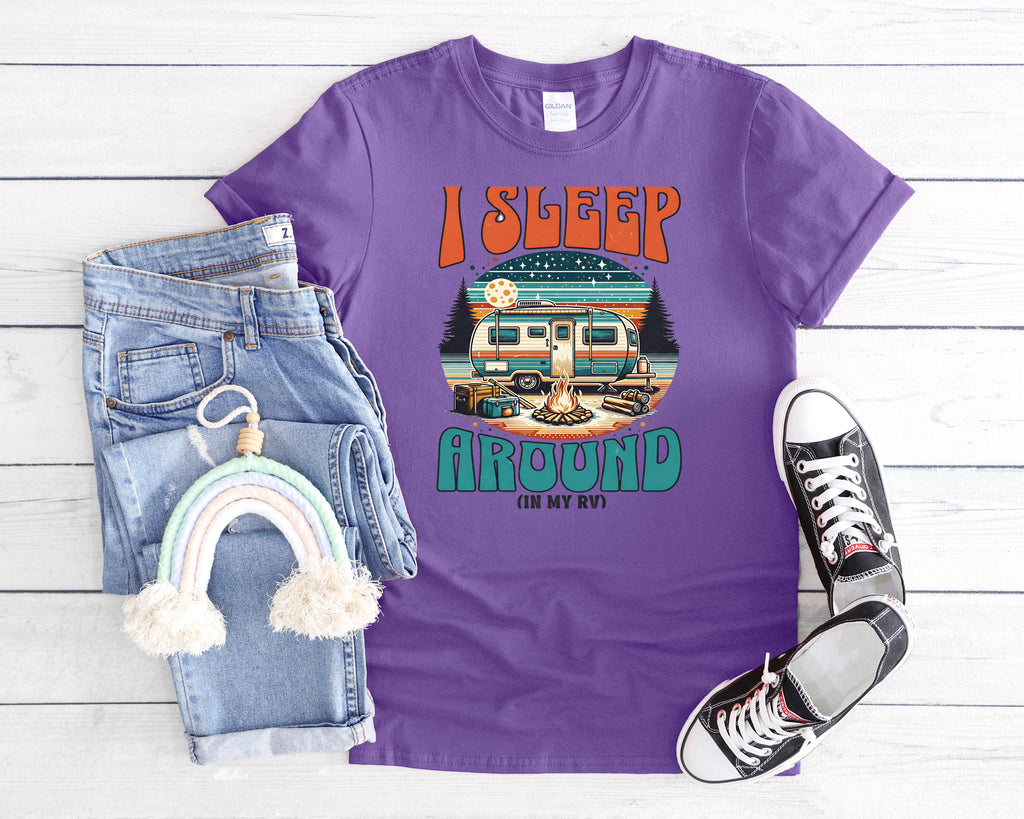 Retro Camper RV I Sleep Around In My RV T-Shirt | Vintage Travel Camper Graphic