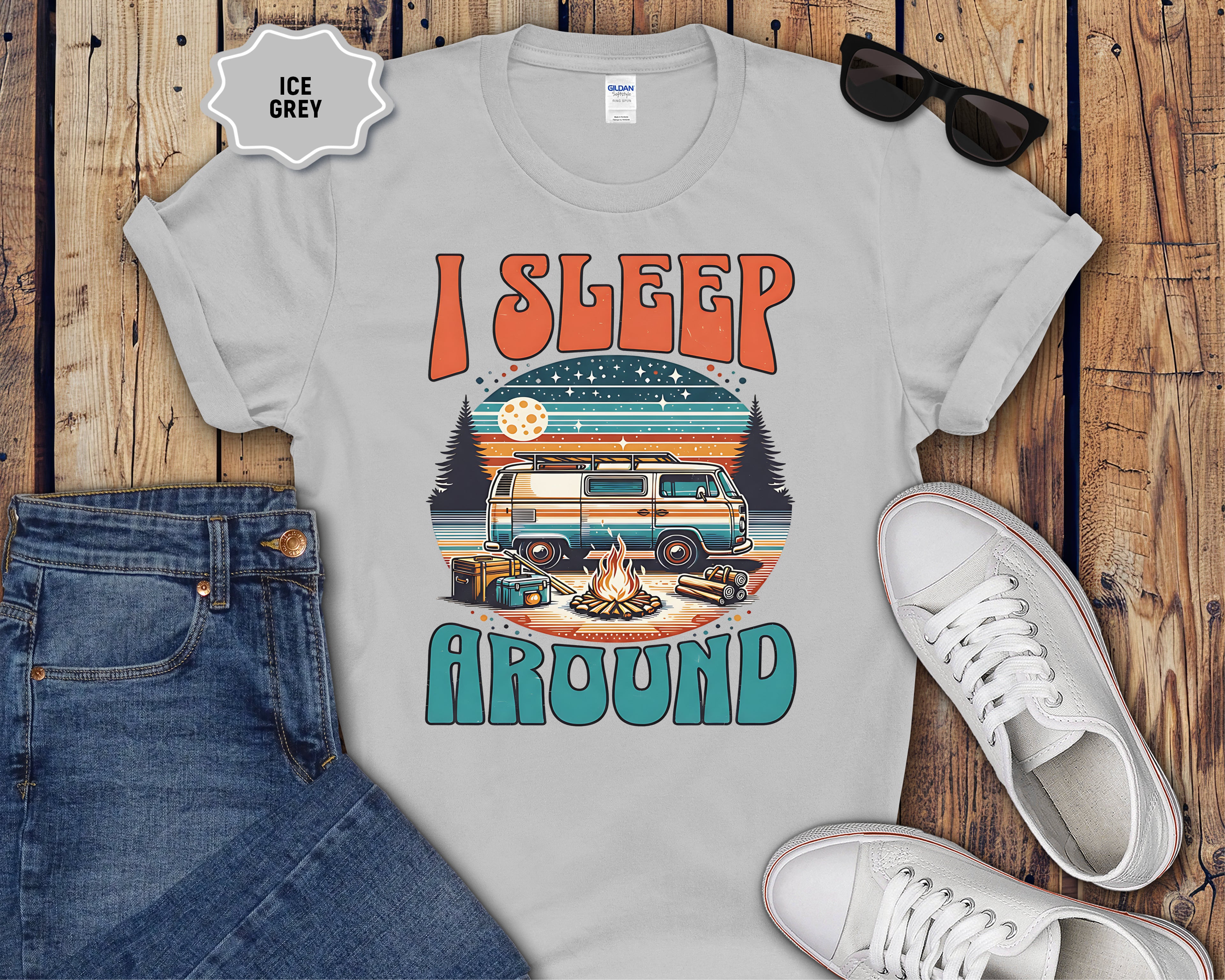 Retro Camper Van I Sleep Around T-Shirt | Vintage Road Trip Shirt