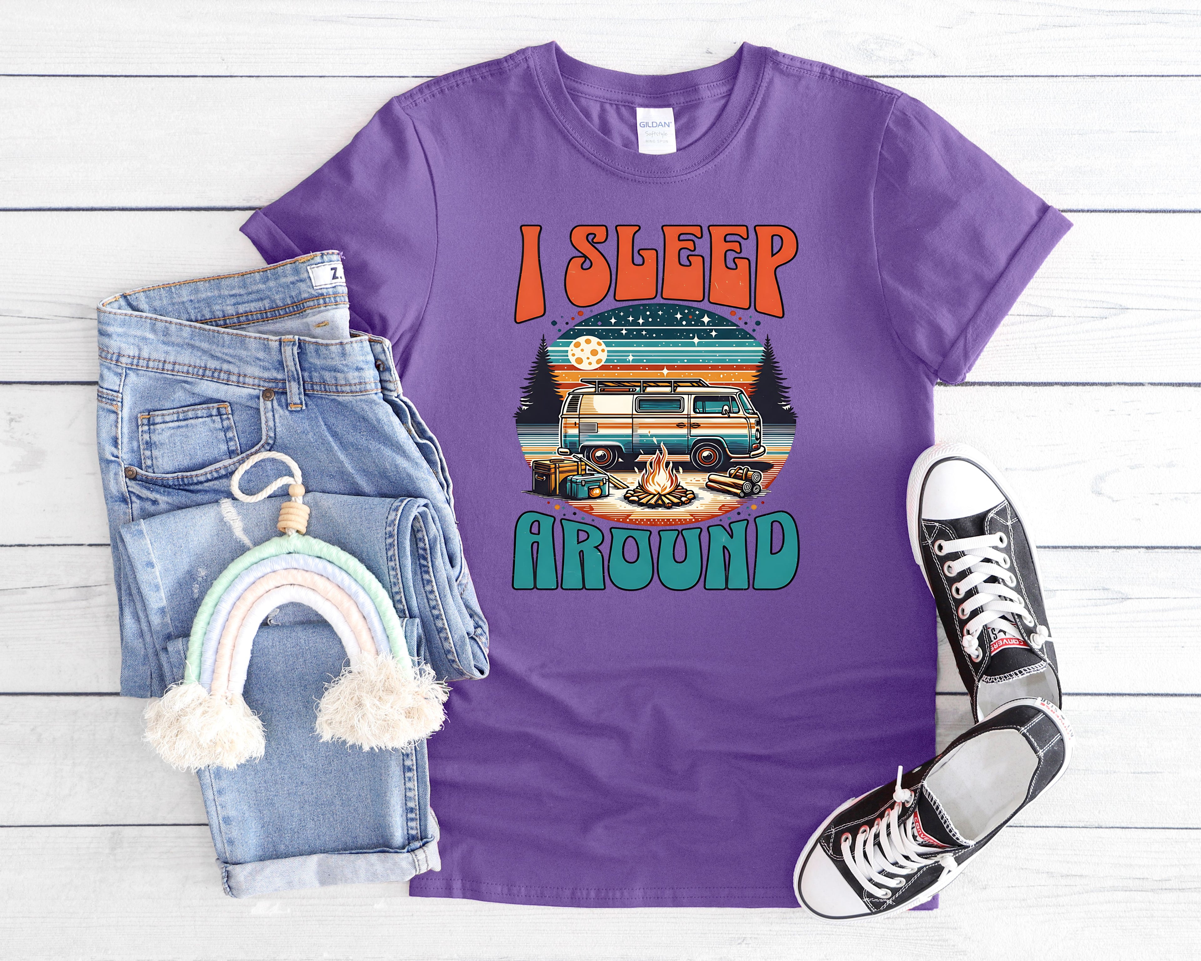 Retro Camper Van I Sleep Around T-Shirt | Vintage Road Trip Shirt