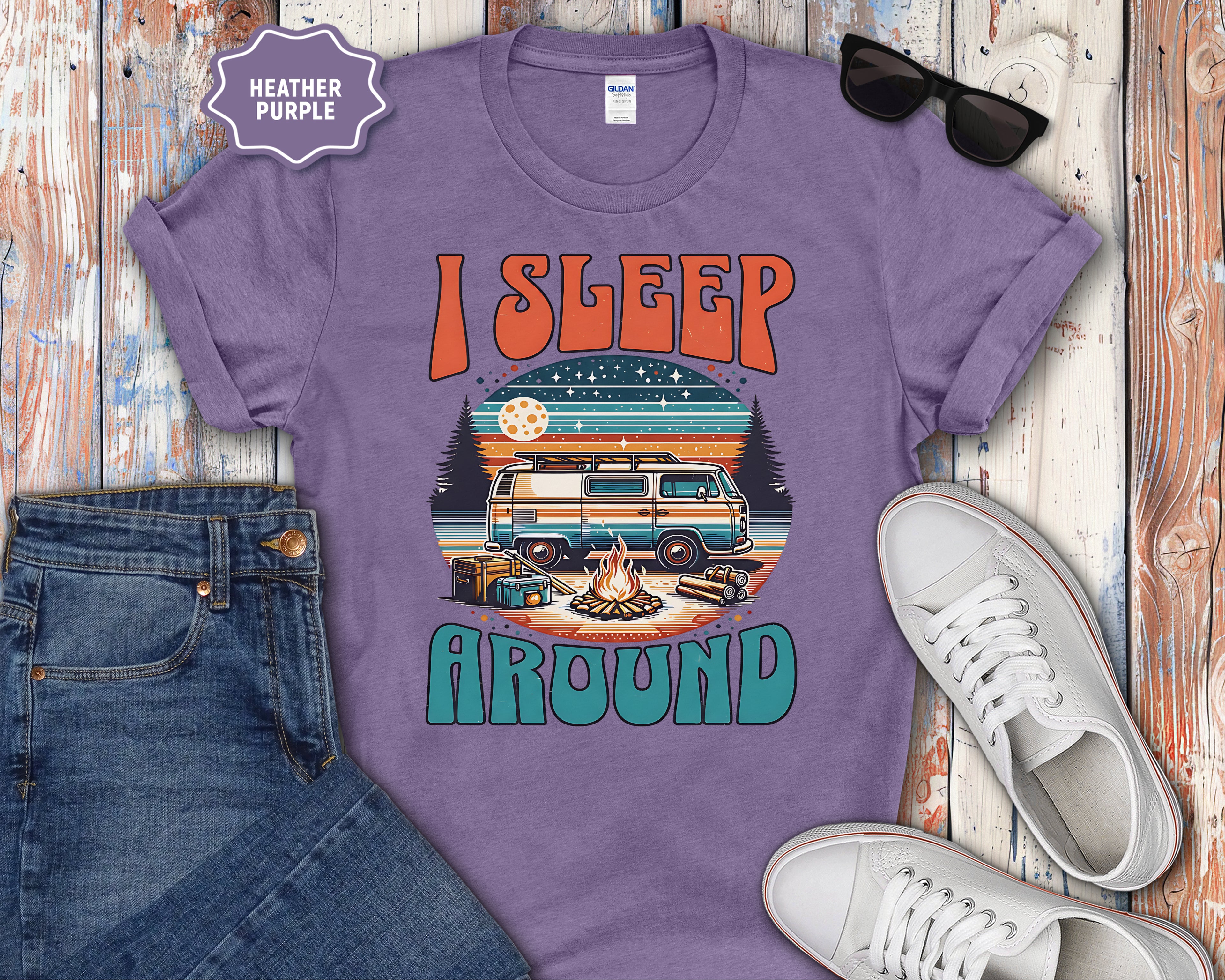 Retro Camper Van I Sleep Around T-Shirt | Vintage Road Trip Shirt
