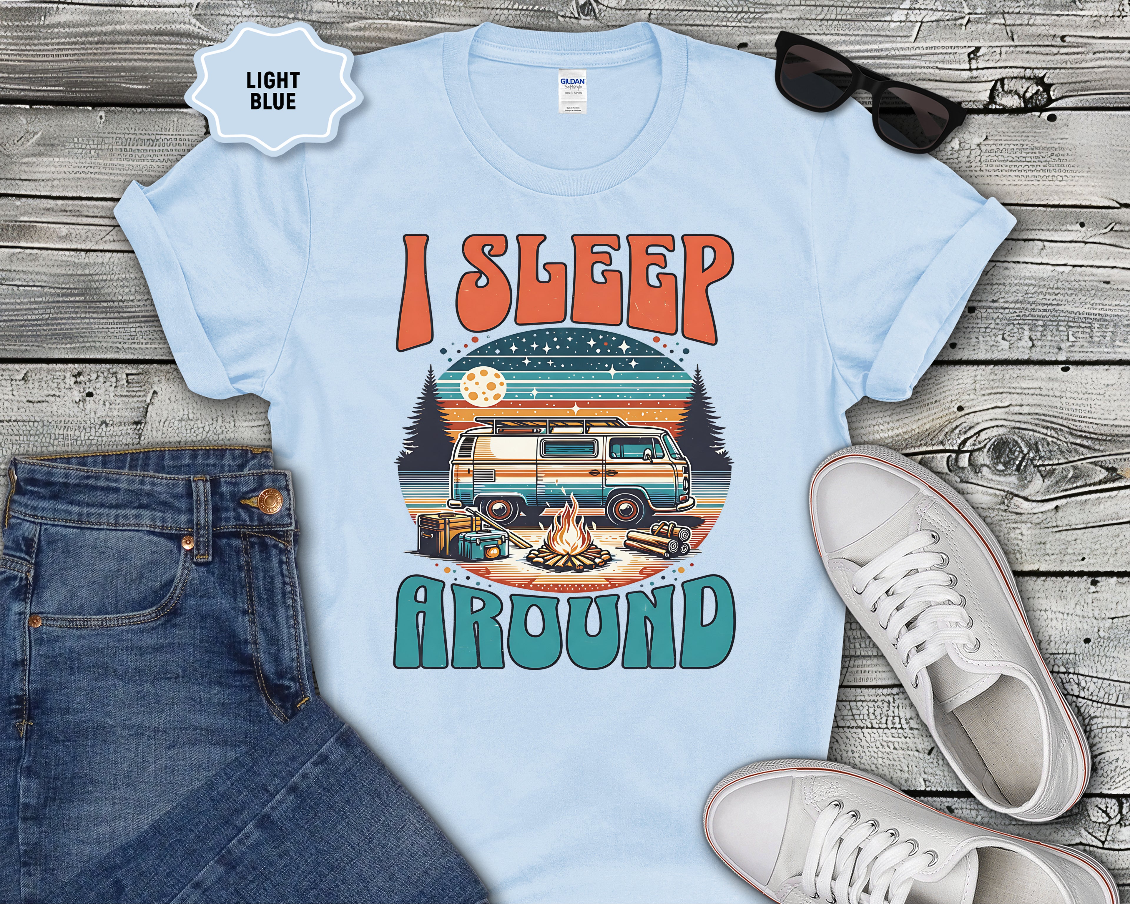 Retro Camper Van I Sleep Around T-Shirt | Vintage Road Trip Shirt