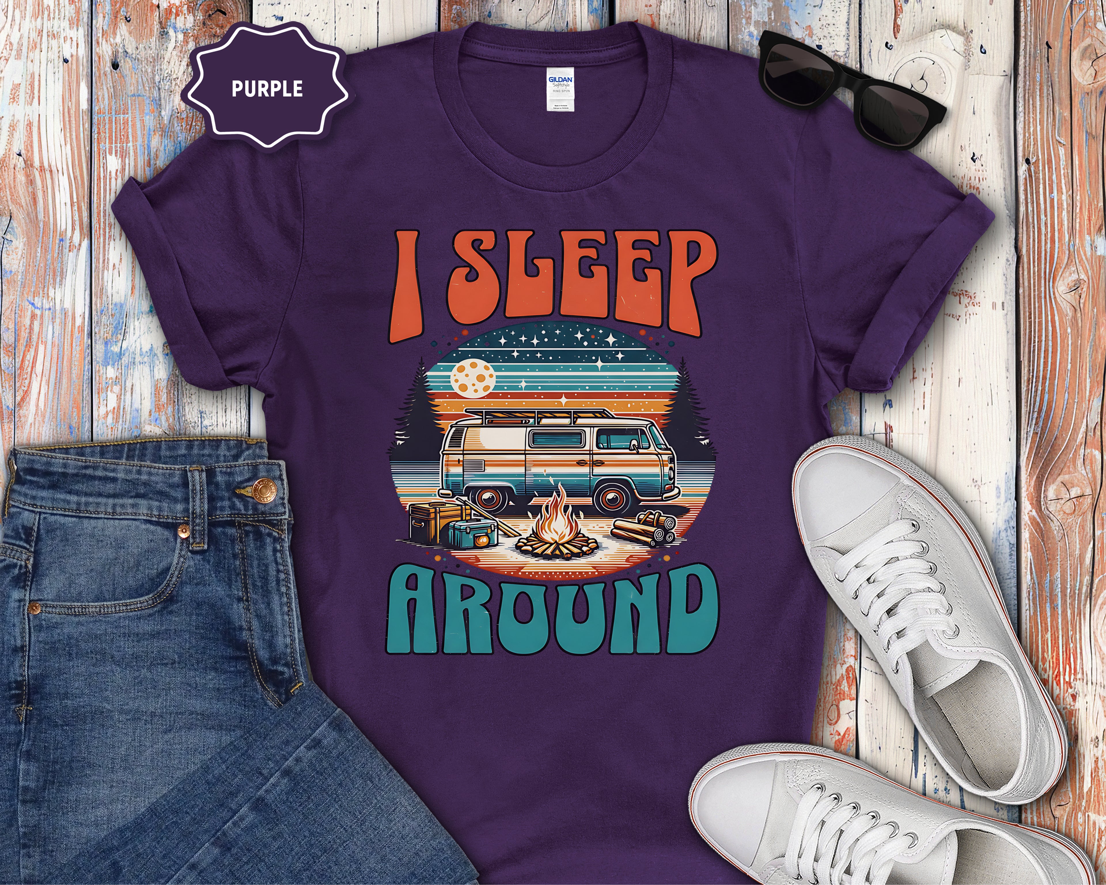 Retro Camper Van I Sleep Around T-Shirt | Vintage Road Trip Shirt
