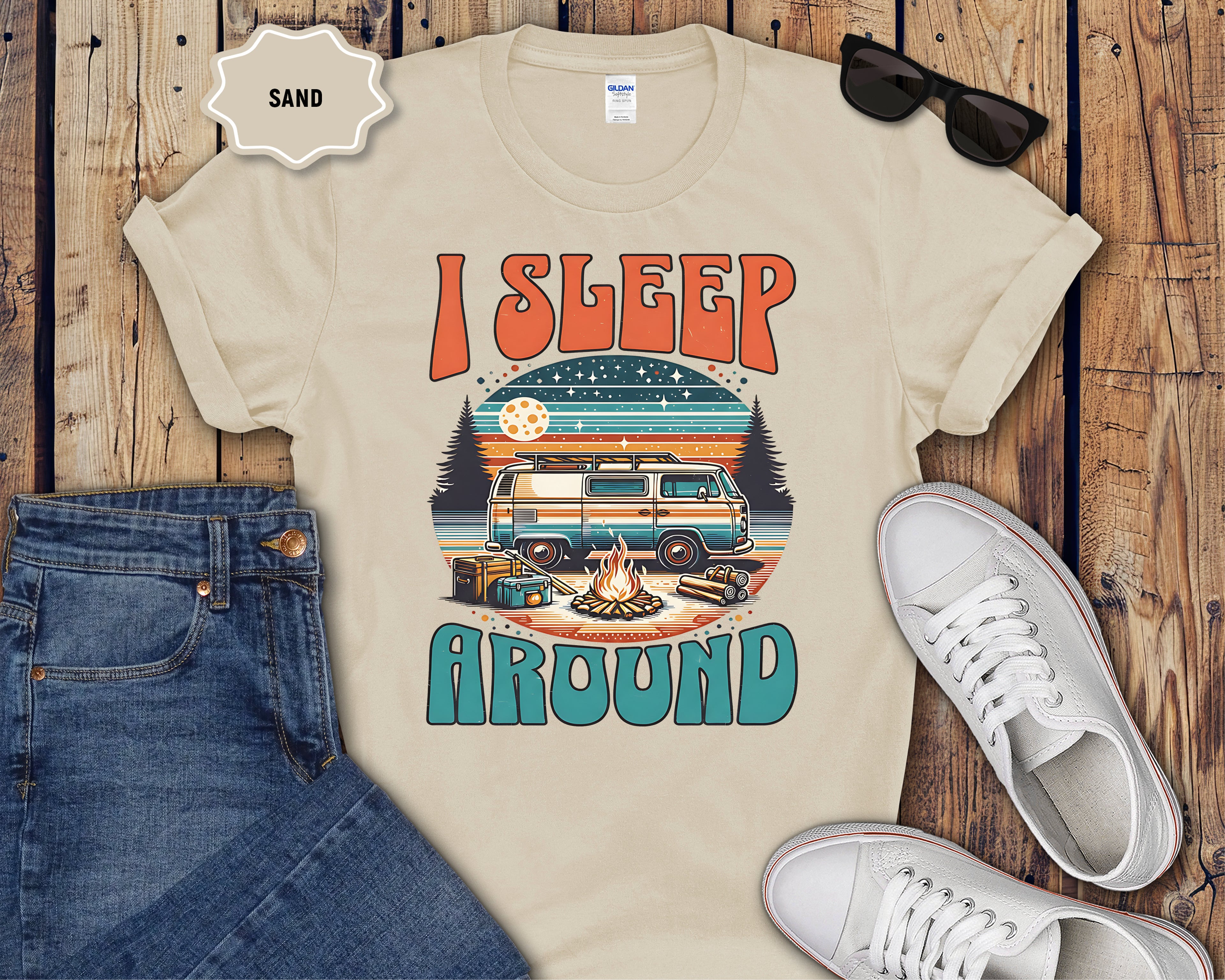 Retro Camper Van I Sleep Around T-Shirt | Vintage Road Trip Shirt