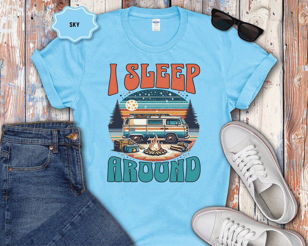 Retro Camper Van I Sleep Around T-Shirt | Vintage Road Trip Shirt