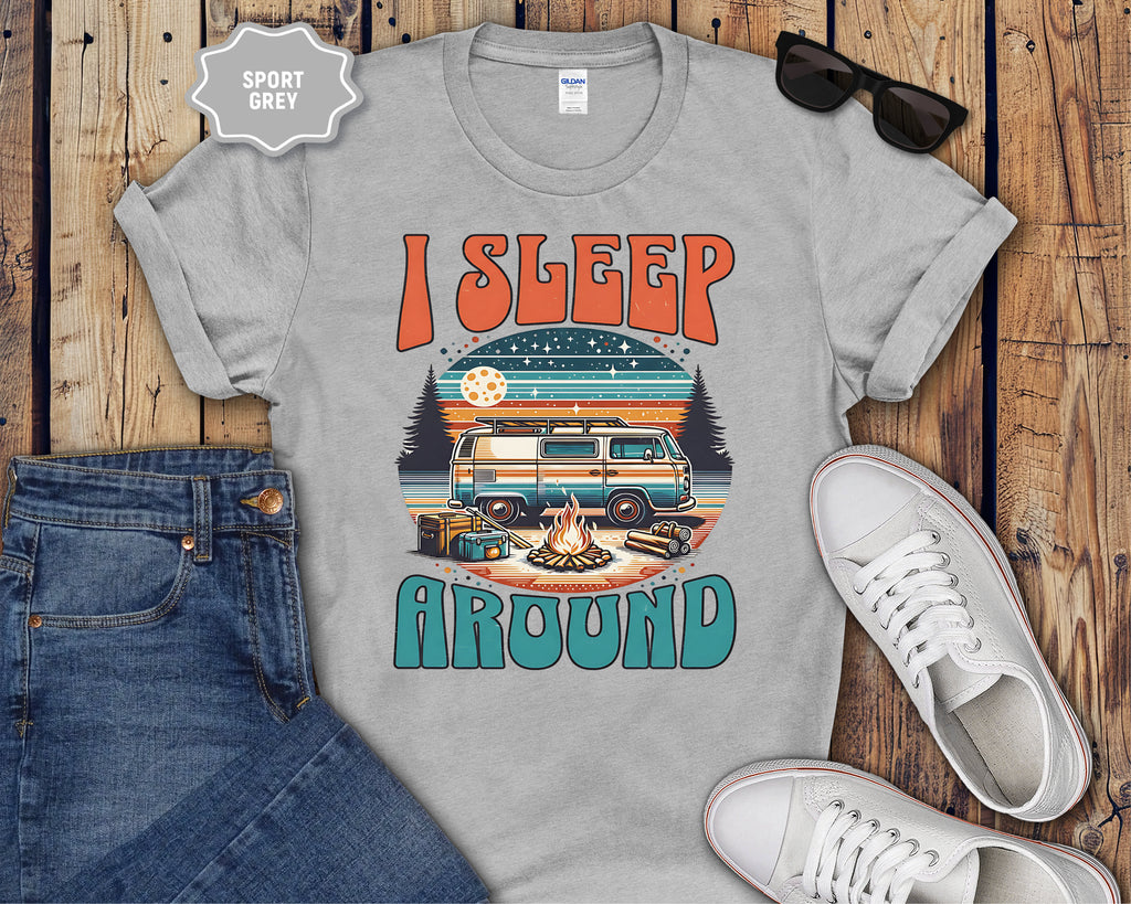 Retro Camper Van I Sleep Around T-Shirt | Vintage Road Trip Shirt