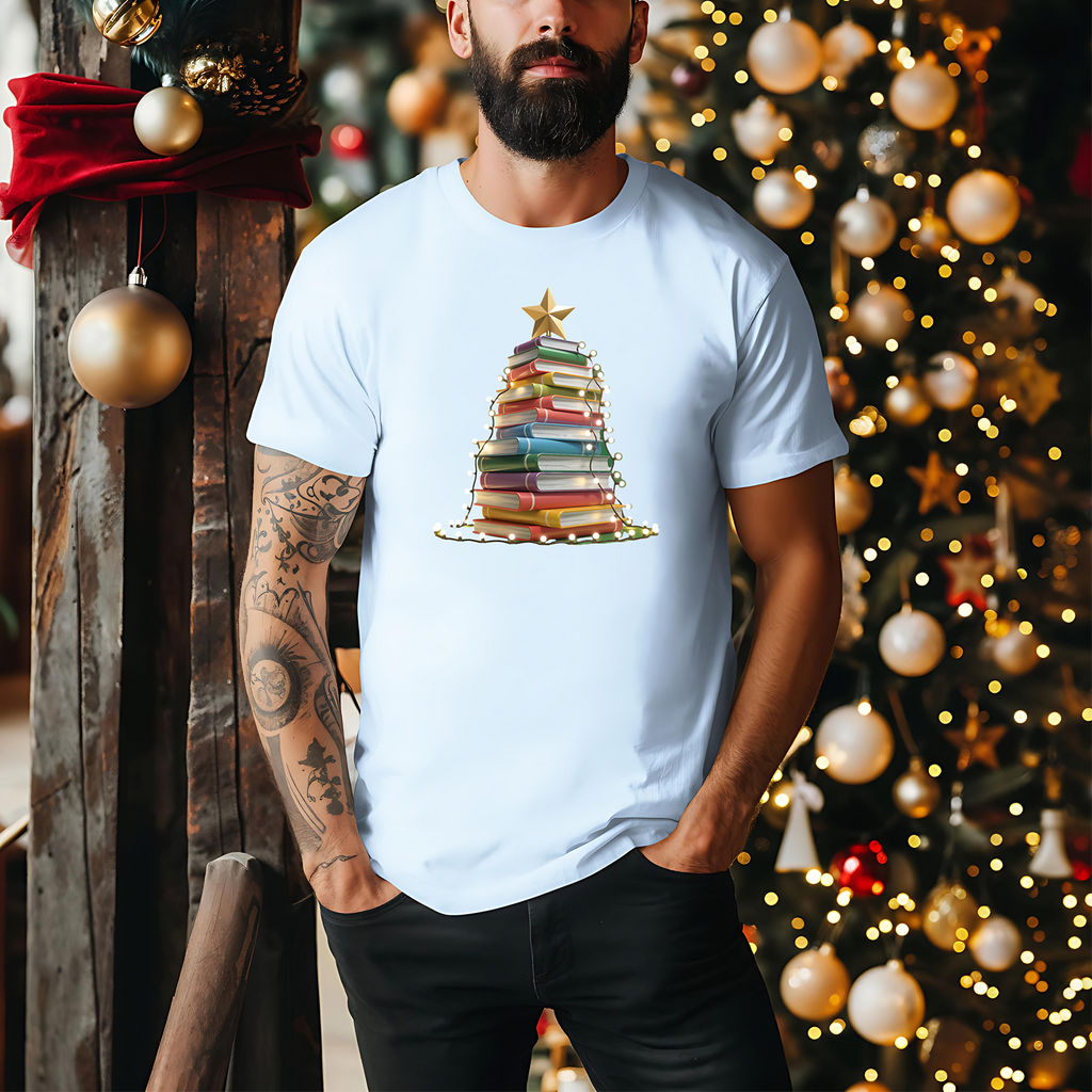 Book Christmas Tree Unisex T-Shirt, Reading Xmas Tee, Literary Holiday Shirt, Bibliophile Gift, Book Lover Present