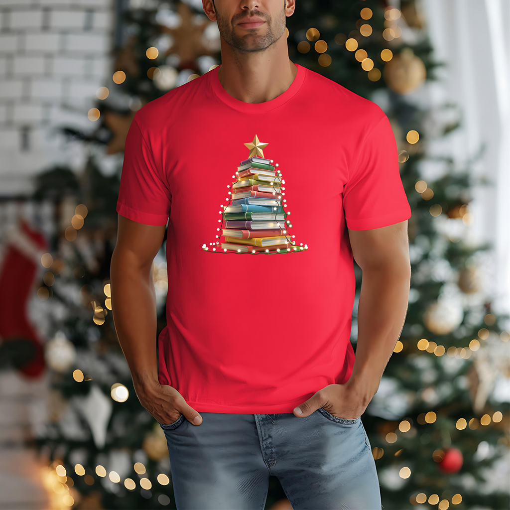 Book Christmas Tree Unisex T-Shirt, Reading Xmas Tee, Literary Holiday Shirt, Bibliophile Gift, Book Lover Present