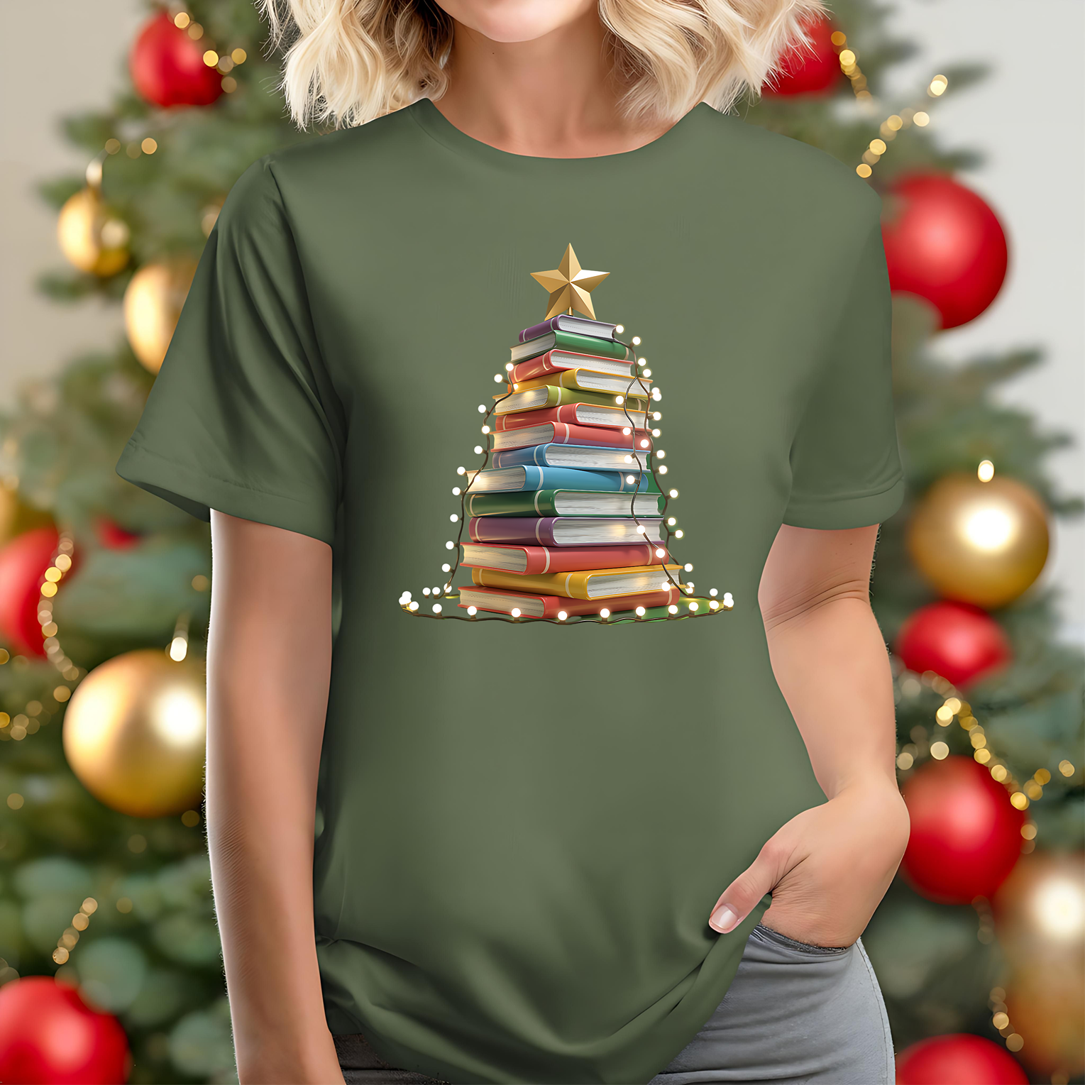 Book Christmas Tree Unisex T-Shirt, Reading Xmas Tee, Literary Holiday Shirt, Bibliophile Gift, Book Lover Present