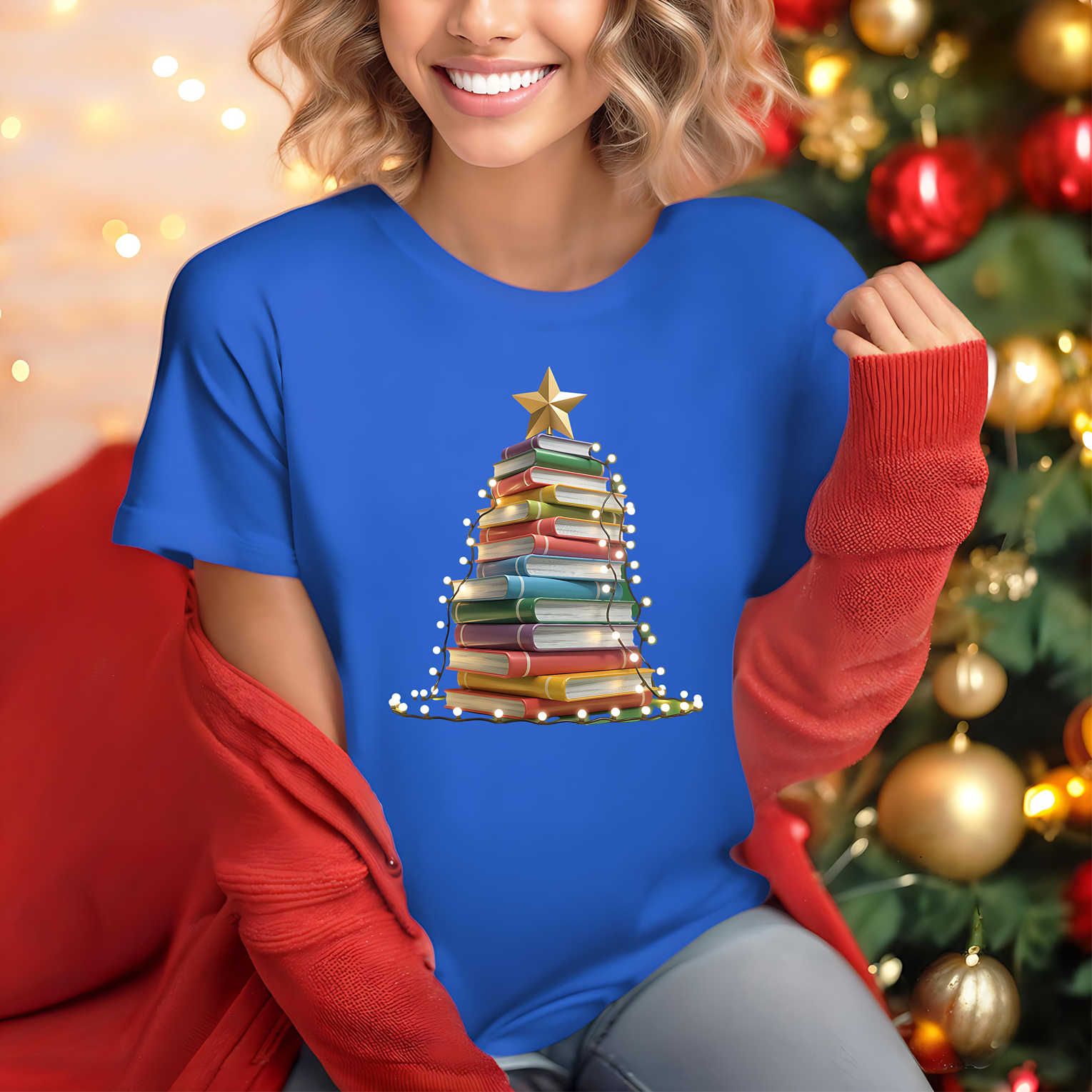 Book Christmas Tree Unisex T-Shirt, Reading Xmas Tee, Literary Holiday Shirt, Bibliophile Gift, Book Lover Present