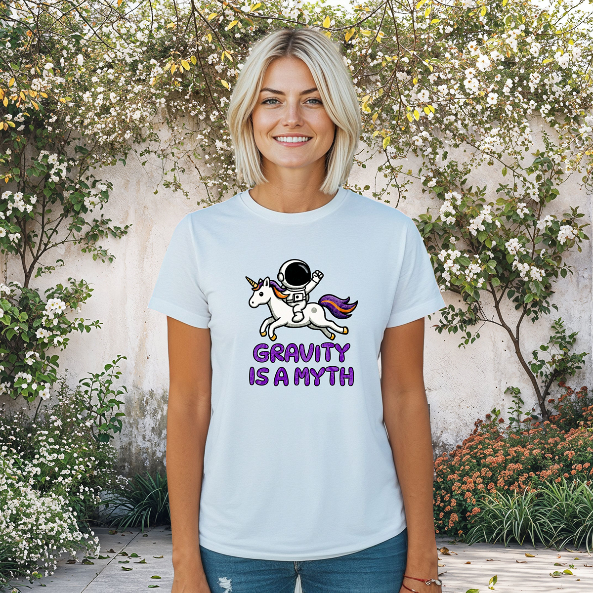 Gravity Is a Myth Womens Tee, Fun Graphic Shirt, Cute Unicorn Design, Casual Womens Top, Gift for Unicorn Lovers, Sci-Fi Shirt