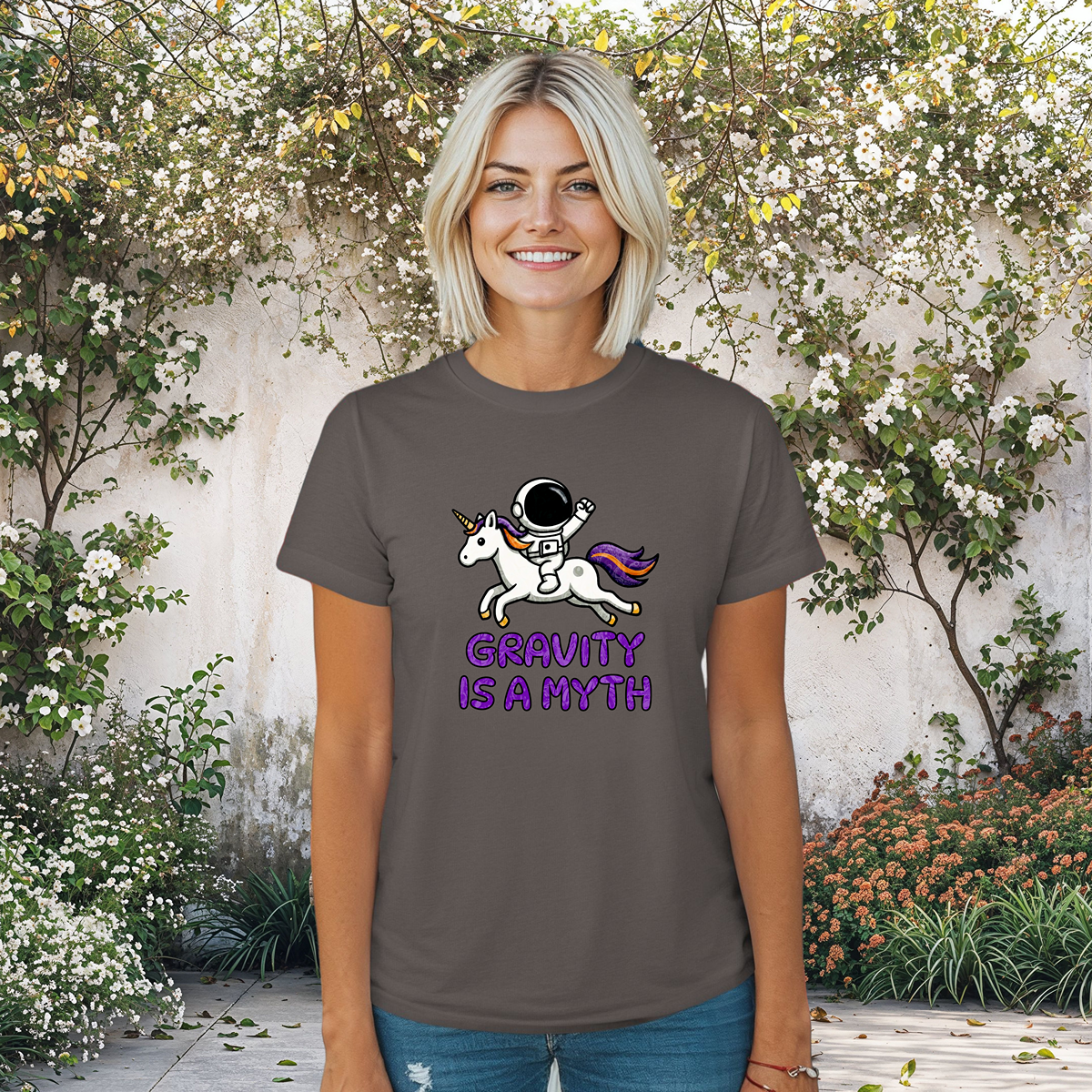 Gravity Is a Myth Womens Tee, Fun Graphic Shirt, Cute Unicorn Design, Casual Womens Top, Gift for Unicorn Lovers, Sci-Fi Shirt