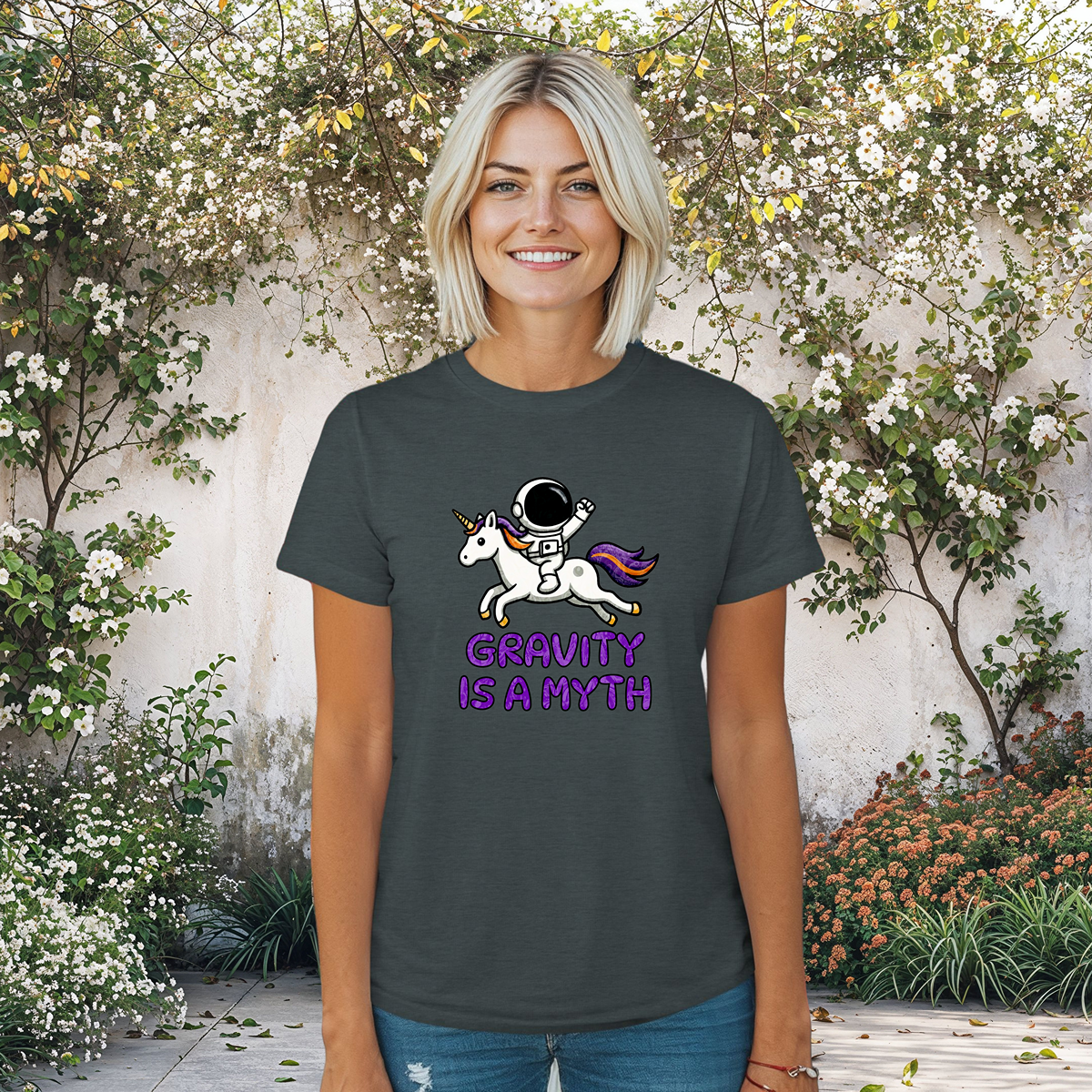 Gravity Is a Myth Womens Tee, Fun Graphic Shirt, Cute Unicorn Design, Casual Womens Top, Gift for Unicorn Lovers, Sci-Fi Shirt