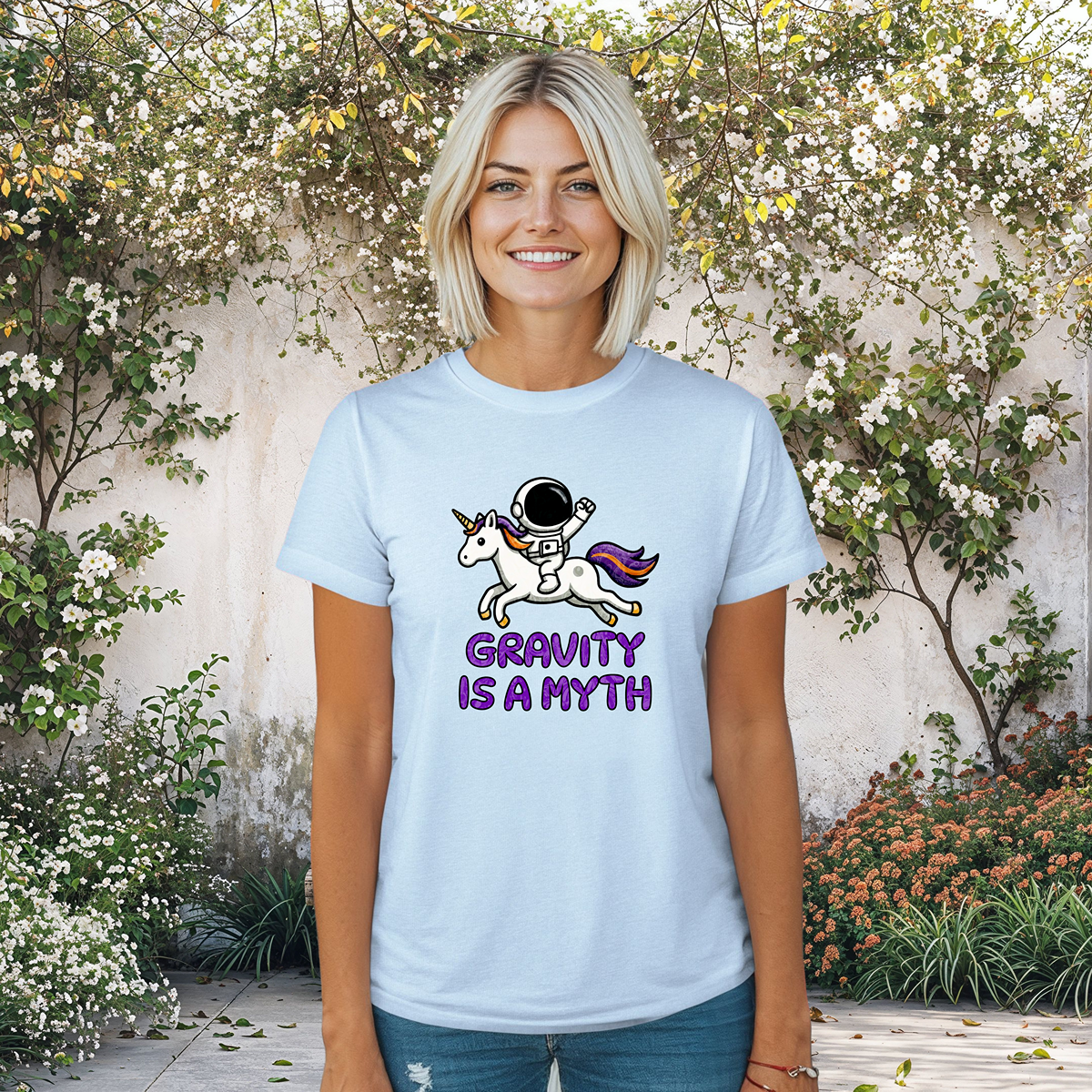 Gravity Is a Myth Womens Tee, Fun Graphic Shirt, Cute Unicorn Design, Casual Womens Top, Gift for Unicorn Lovers, Sci-Fi Shirt