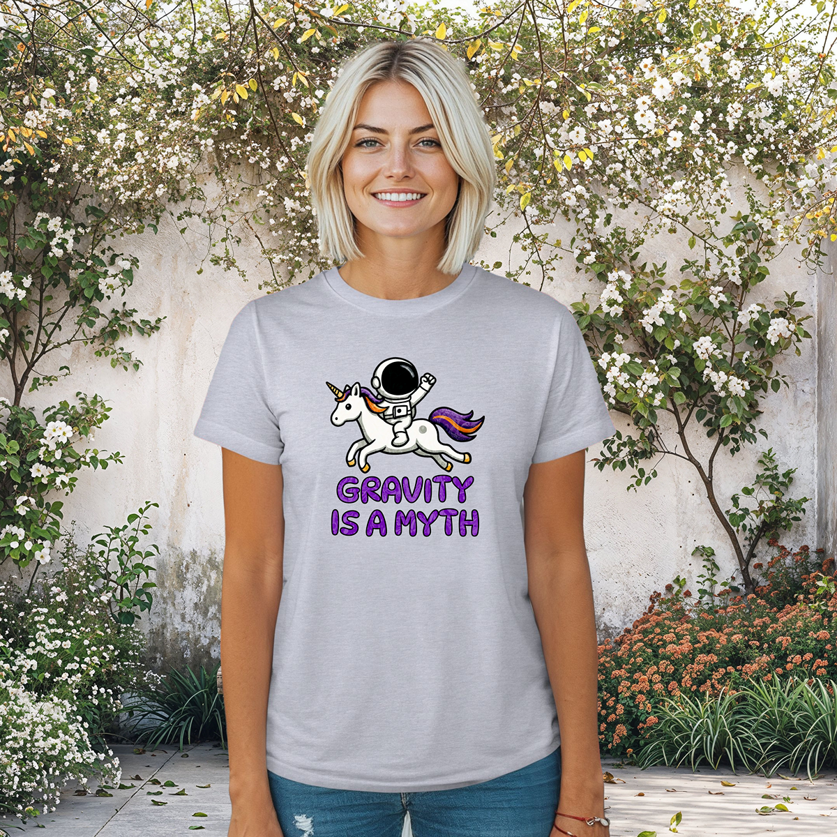 Gravity Is a Myth Womens Tee, Fun Graphic Shirt, Cute Unicorn Design, Casual Womens Top, Gift for Unicorn Lovers, Sci-Fi Shirt