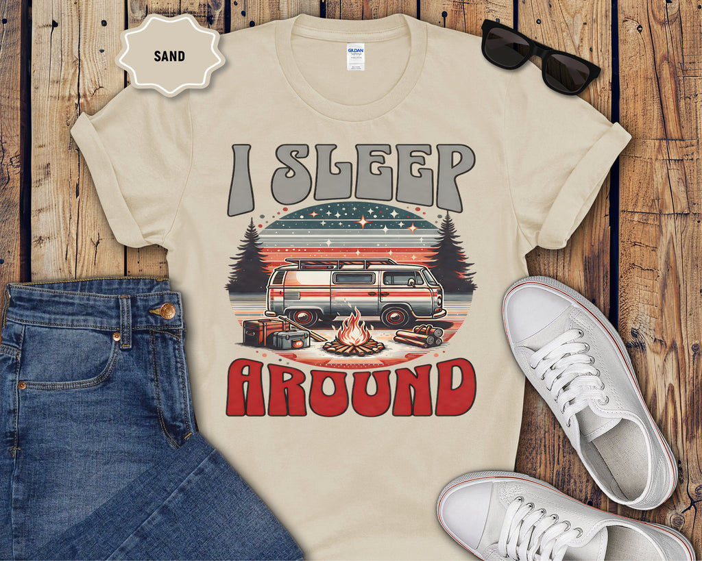 Retro RV I Sleep Around Camping T-Shirt | Vintage Camper Graphic
